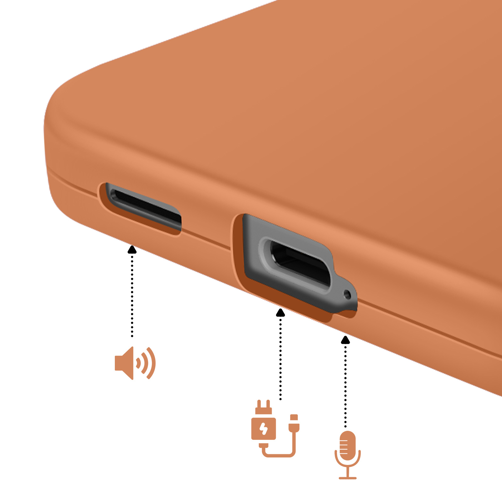 Coque orange avec ports : haut-parleur, port de charge, microphone.