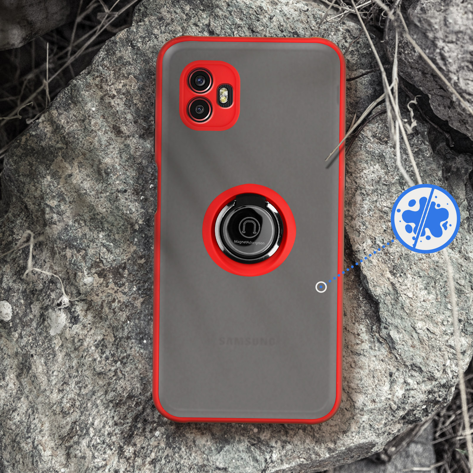 Grijze telefoonhoes met rode rand, ringhouder en camera's.