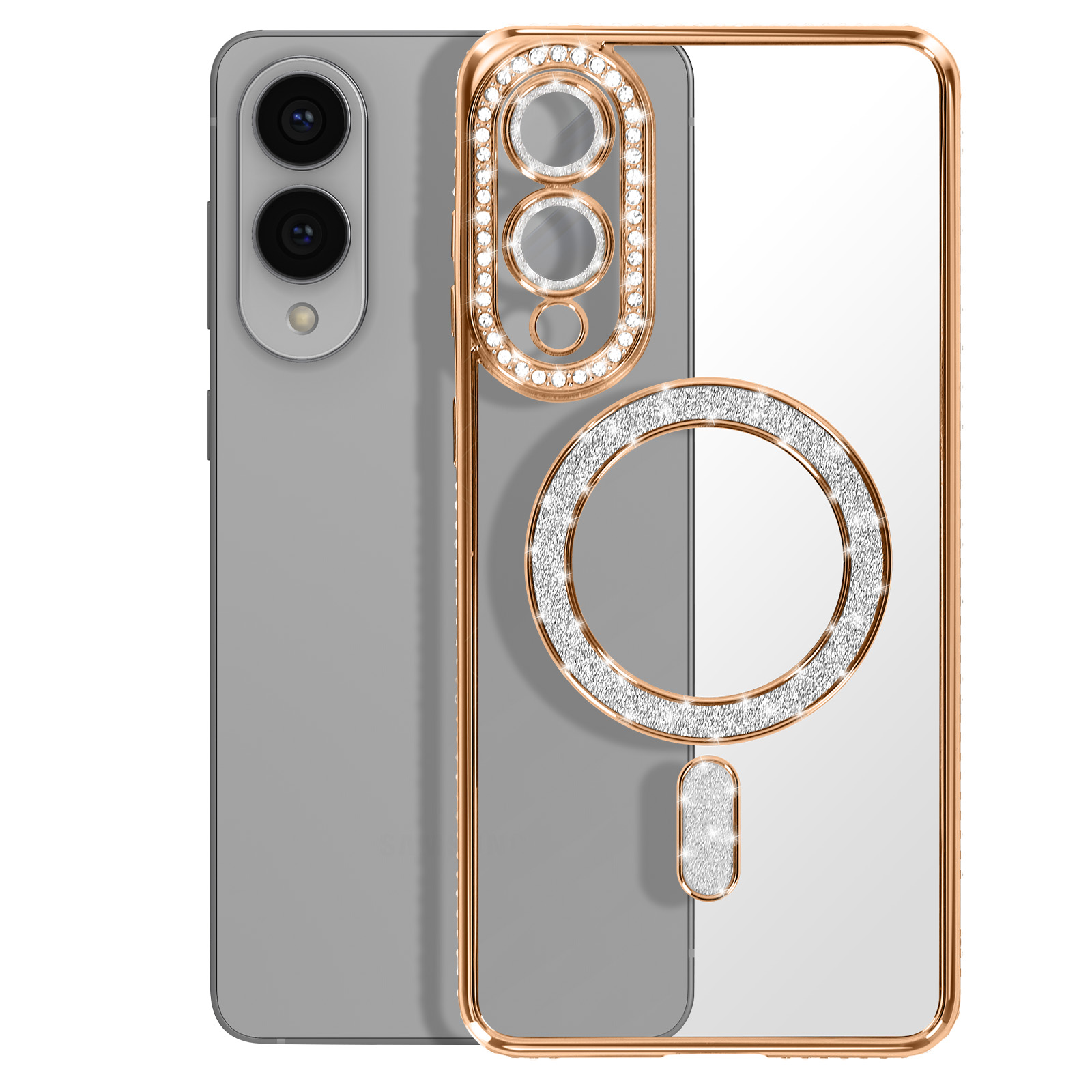 Un smartphone argenté avec deux caméras à côté d'un étui transparent orné de strass.