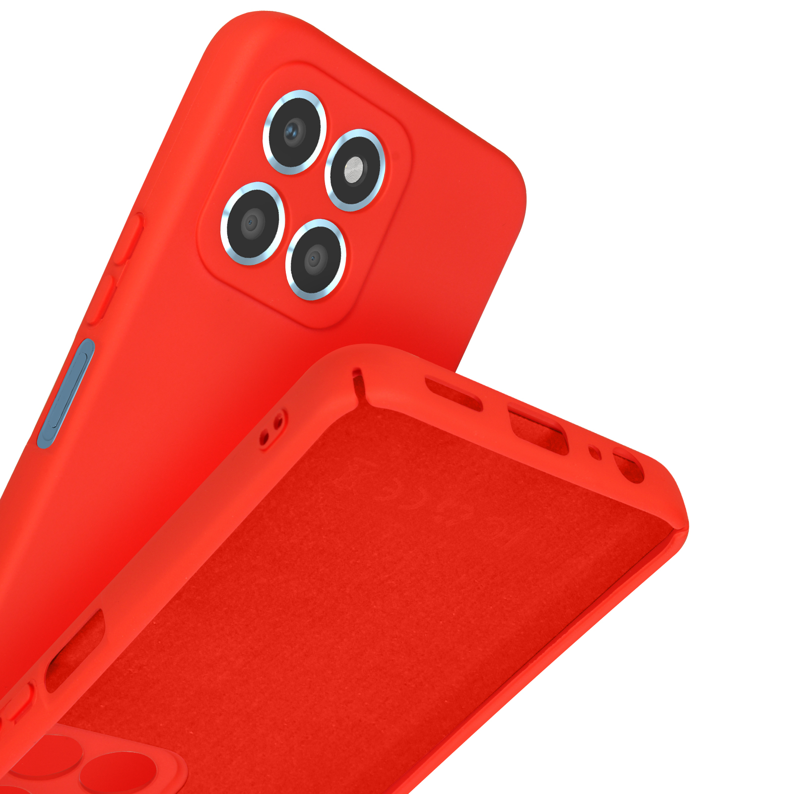 Deux coques de téléphone rouges, une avec quatre caméras au dos.