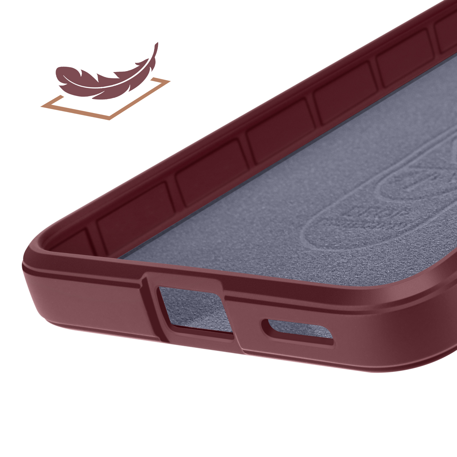 Coque de téléphone bordeaux avec icône de plume symbolisant la légèreté.