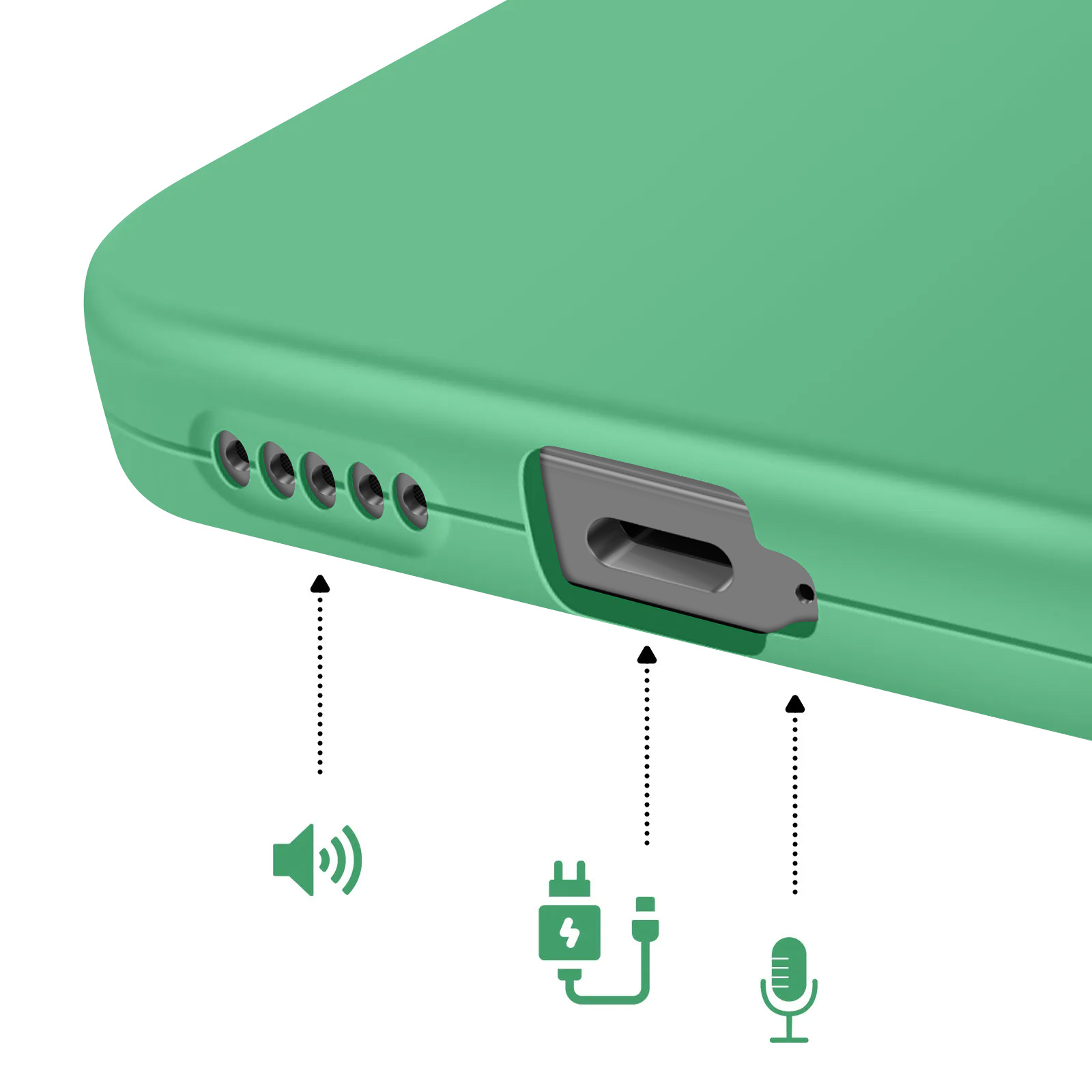 Téléphone vert avec port de charge, haut-parleur et microphone.