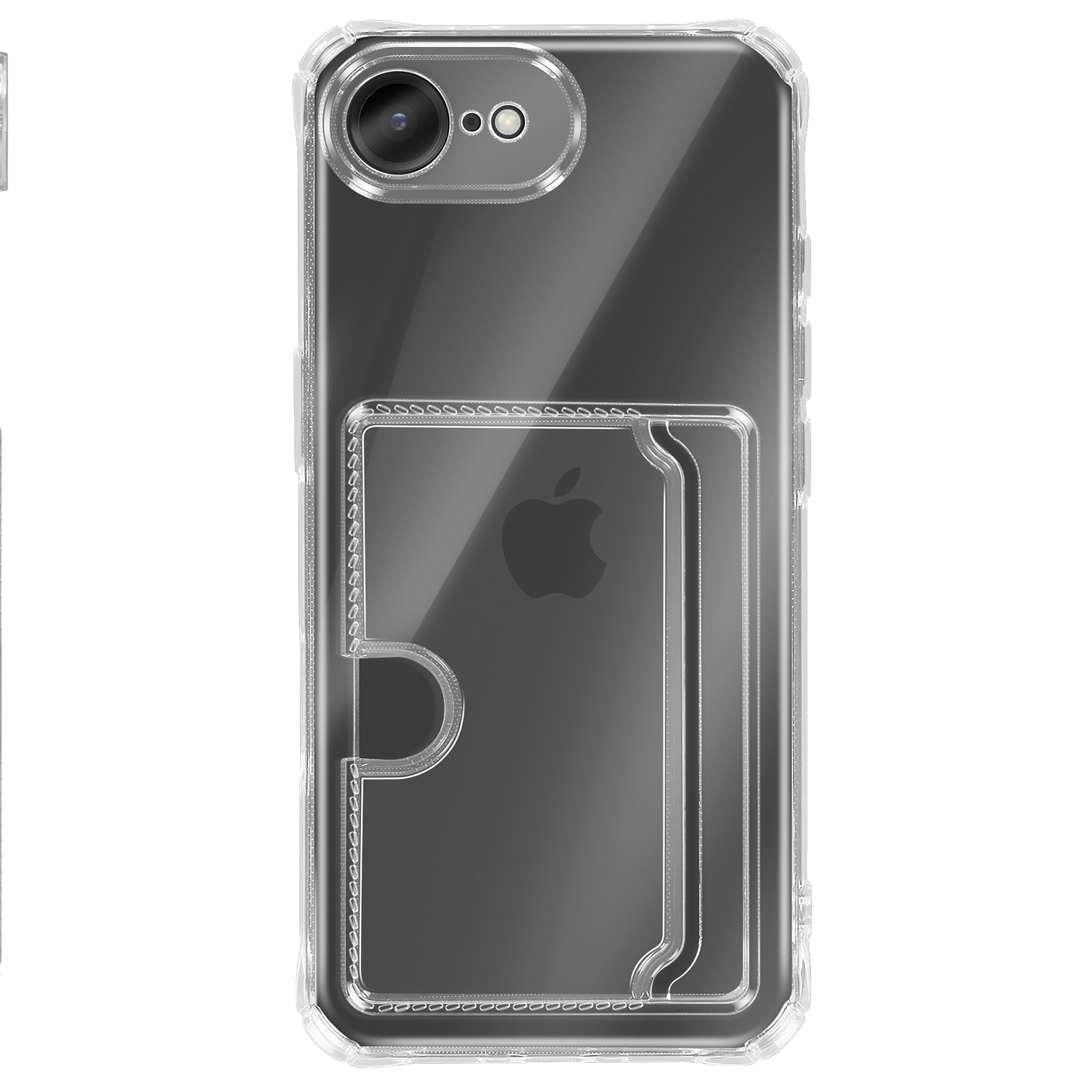 Coque transparente pour iPhone avec porte-cartes. Logo Apple gris foncé visible.
