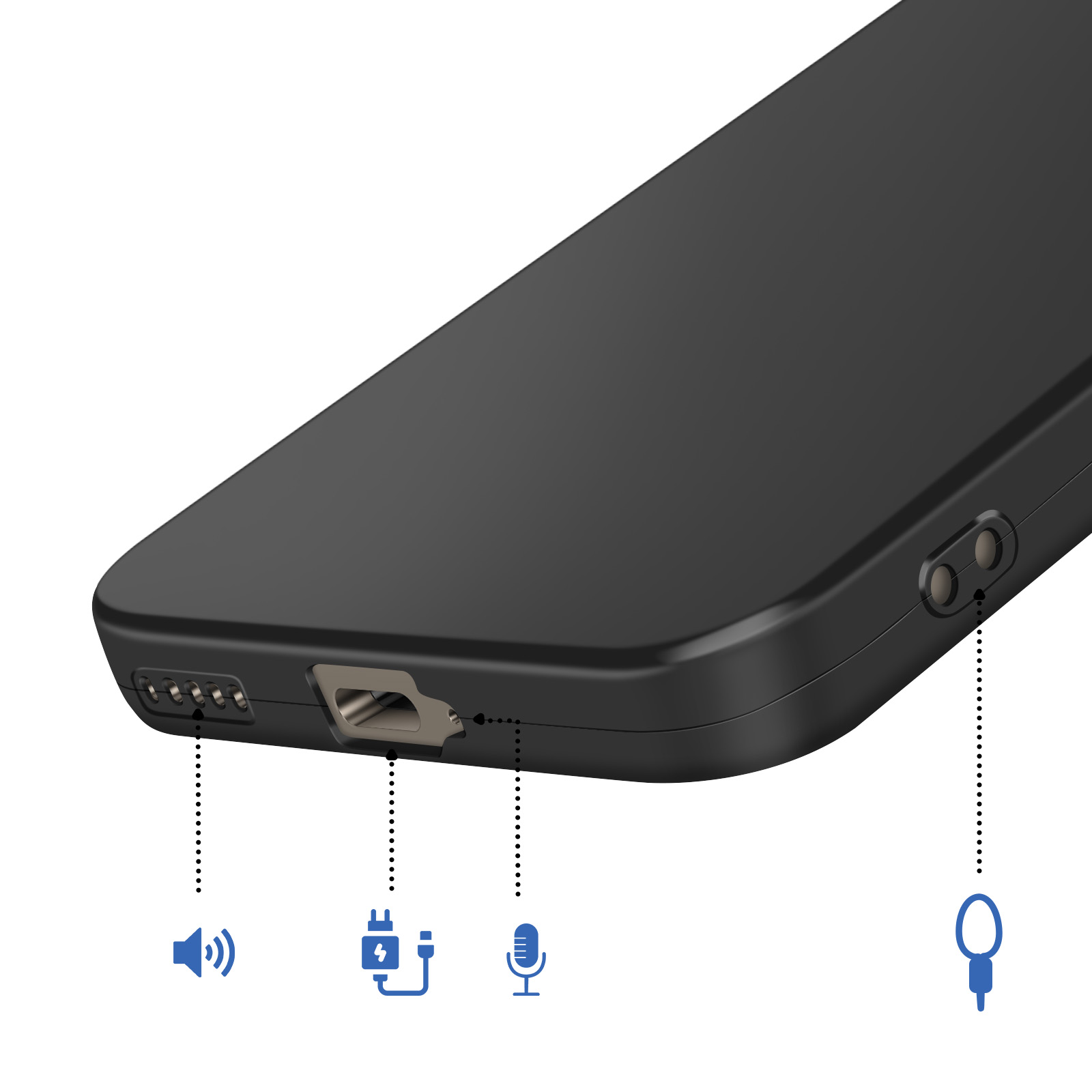 Zwart apparaat met poorten: volume, opladen, microfoon en koptelefoonaansluiting.