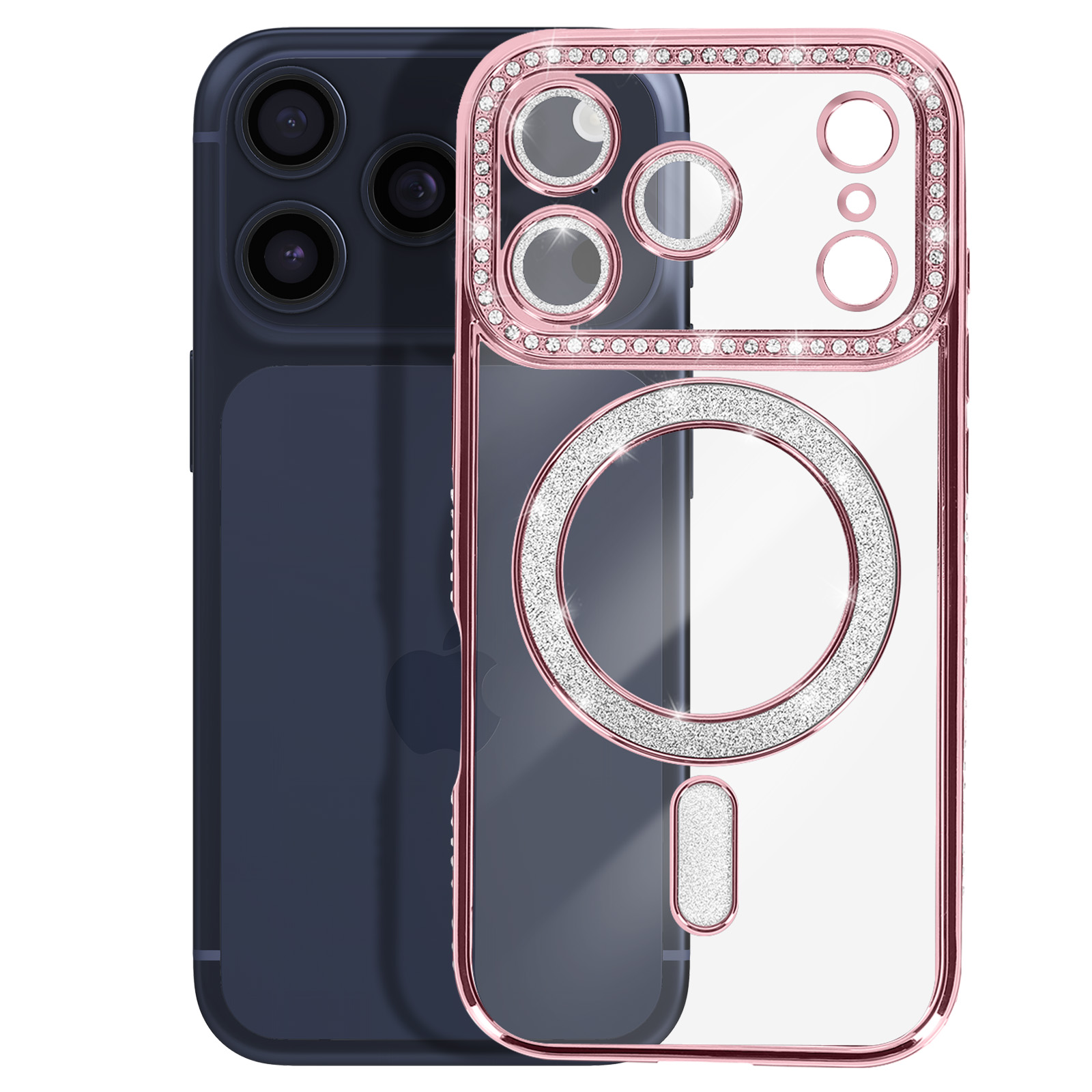 Une coque de téléphone rose doré pailletée avec des anneaux, couvrant un téléphone sombre.