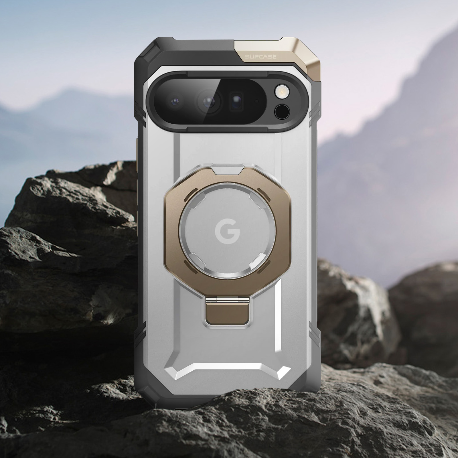Robustes Handy-Case mit Ringhalterung, vor felsiger Bergkulisse.