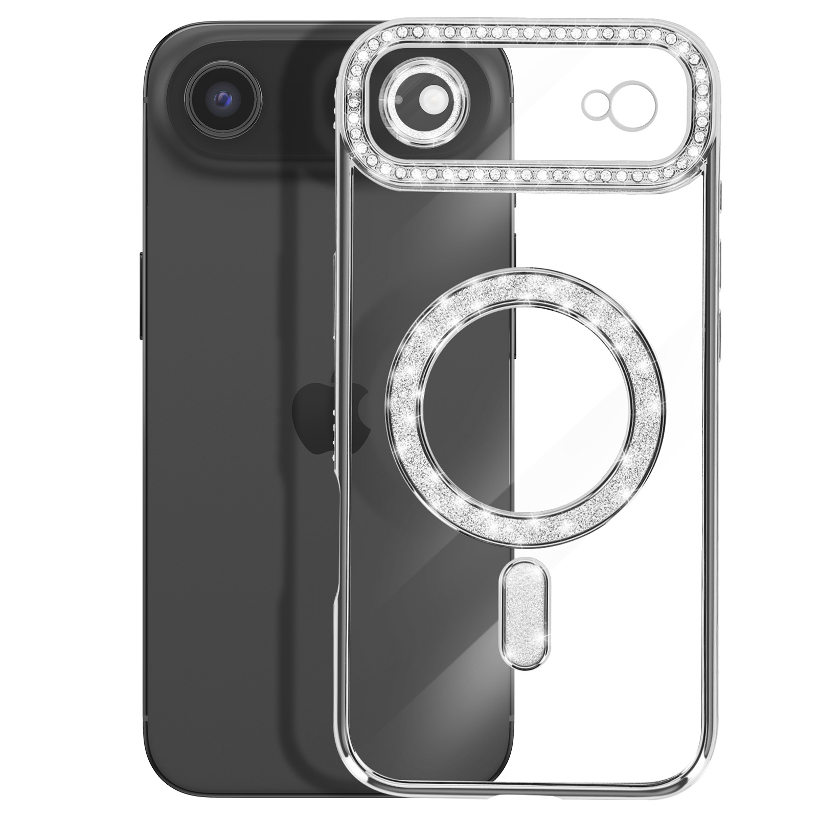 Een zwarte smartphone met een doorzichtige, met juwelen bezette hoes rond de cameralens.