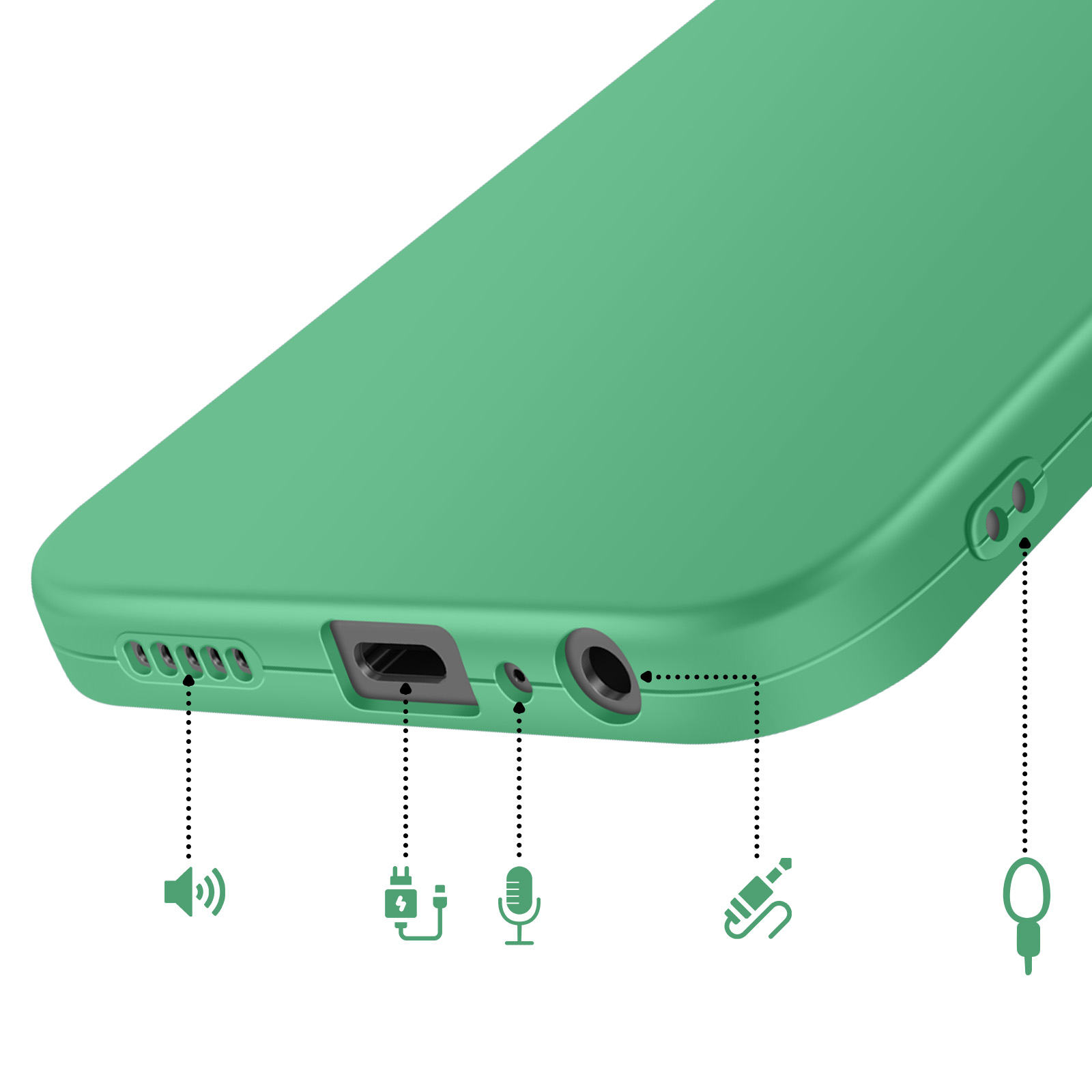 Coque de téléphone verte montrant les ports: haut-parleur, USB, micro, jack.