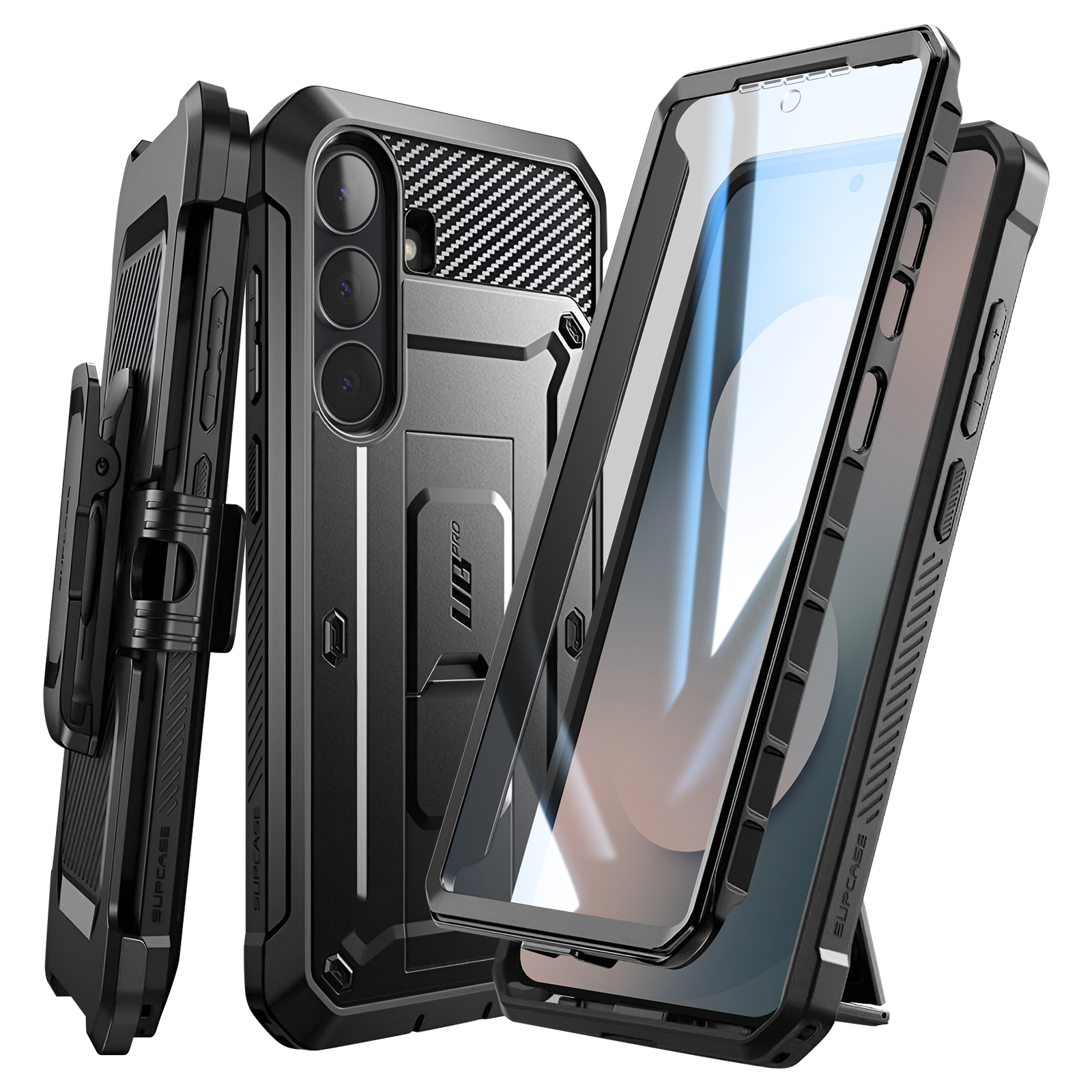Set cover nera per telefono con clip da cintura, cavalletto e protezione schermo.
