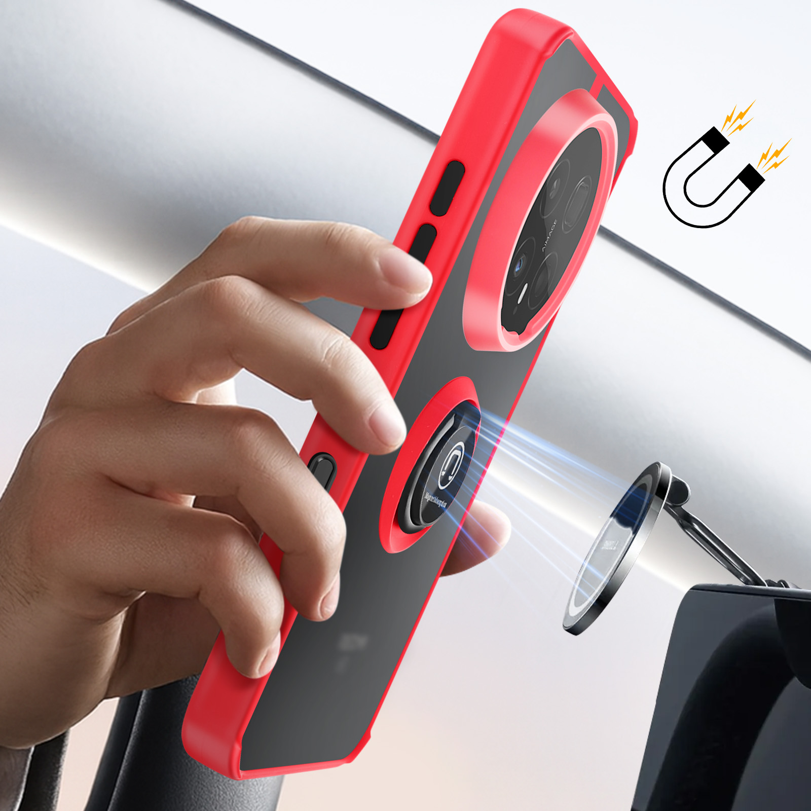 Rode telefoonhoes met magnetische bevestiging aan autohouder.