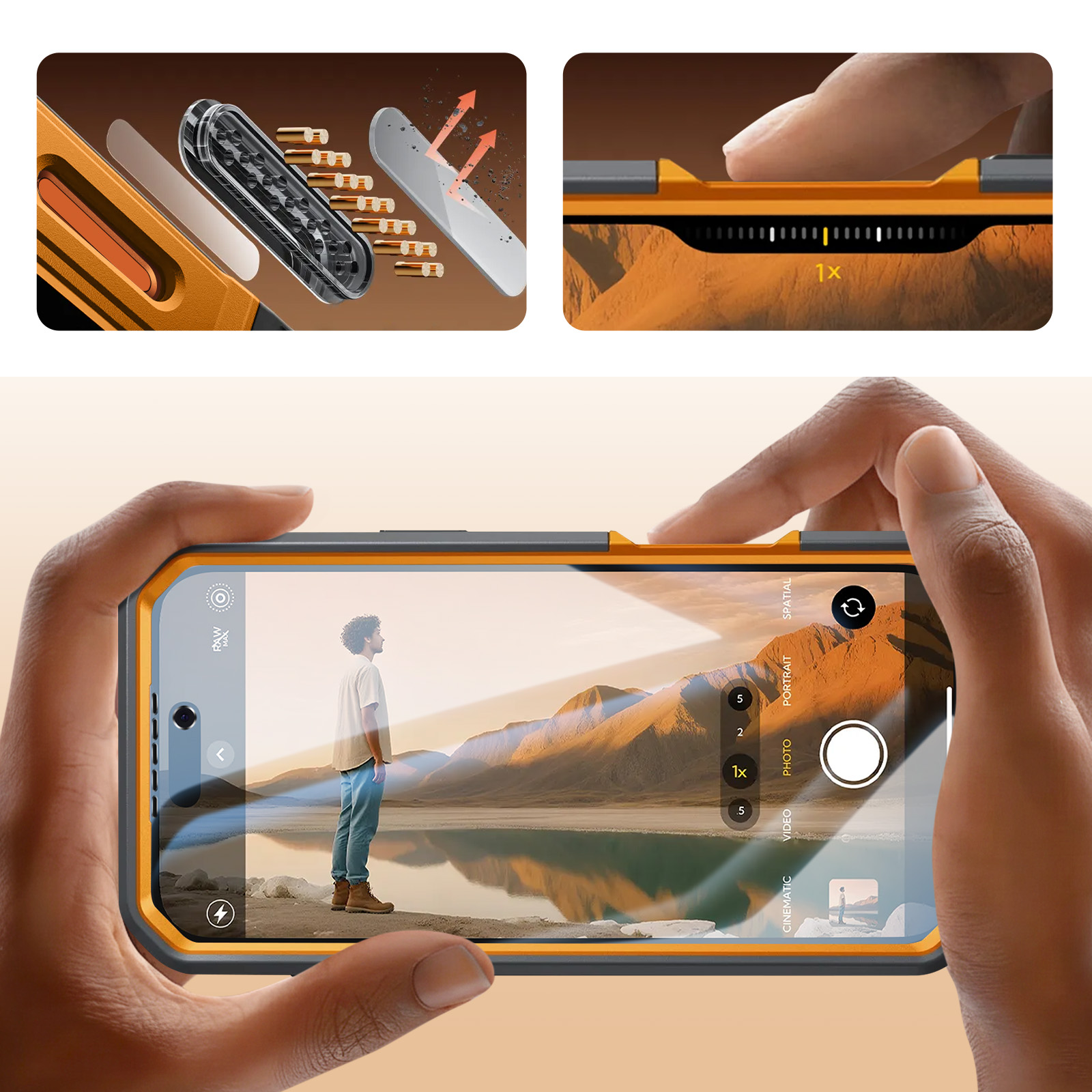 Uno smartphone mostra un paesaggio. Gli inserti superiori mostrano la struttura interna del telefono e un dito su un quadrante.