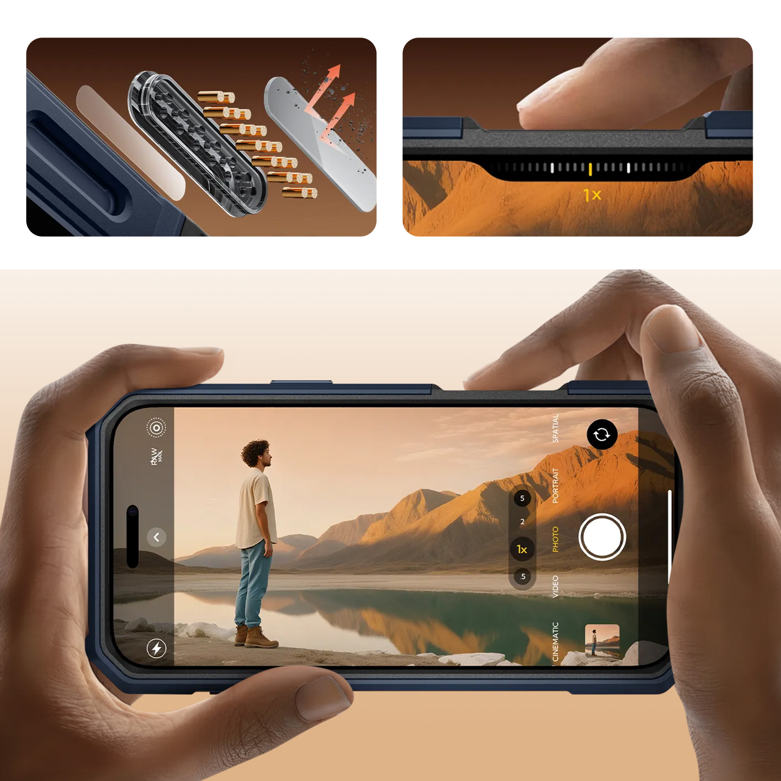 Telefono cattura uomo vicino lago con montagne. Opzioni zoom 1x, 2x, 5x.