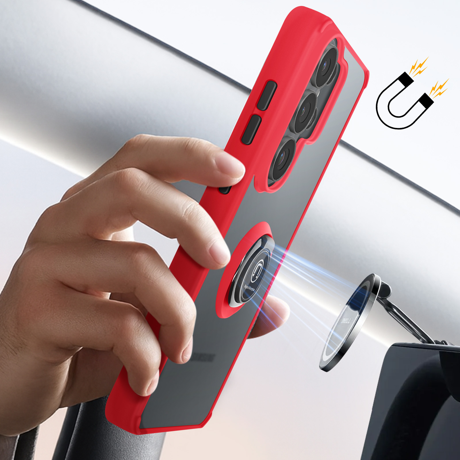 Een hand houdt een rode telefoon met magneetring vast bij een magnetische autohouder.