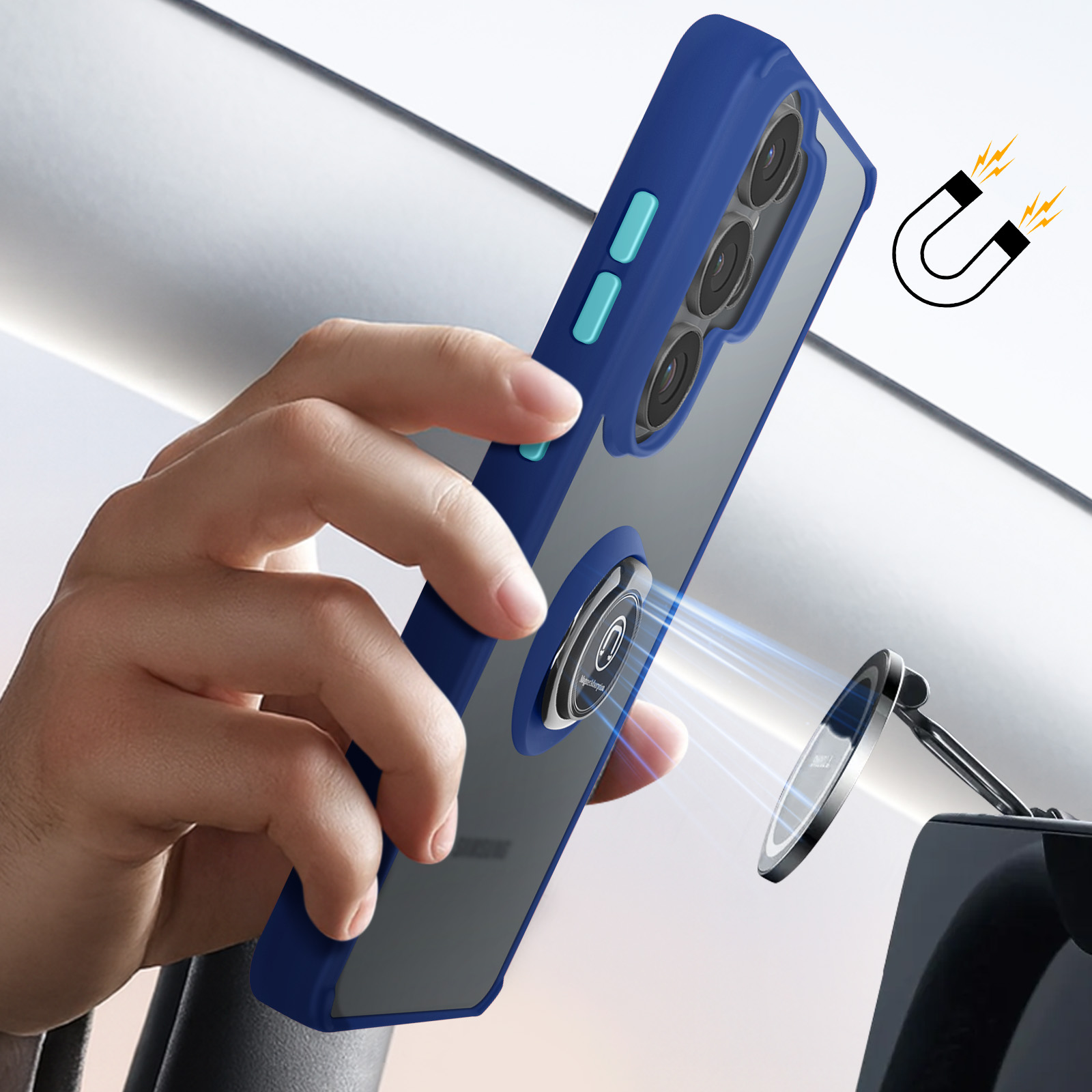 Een hand houdt een blauwe telefoon met magische ring vast die aan een autohouder wordt bevestigd.