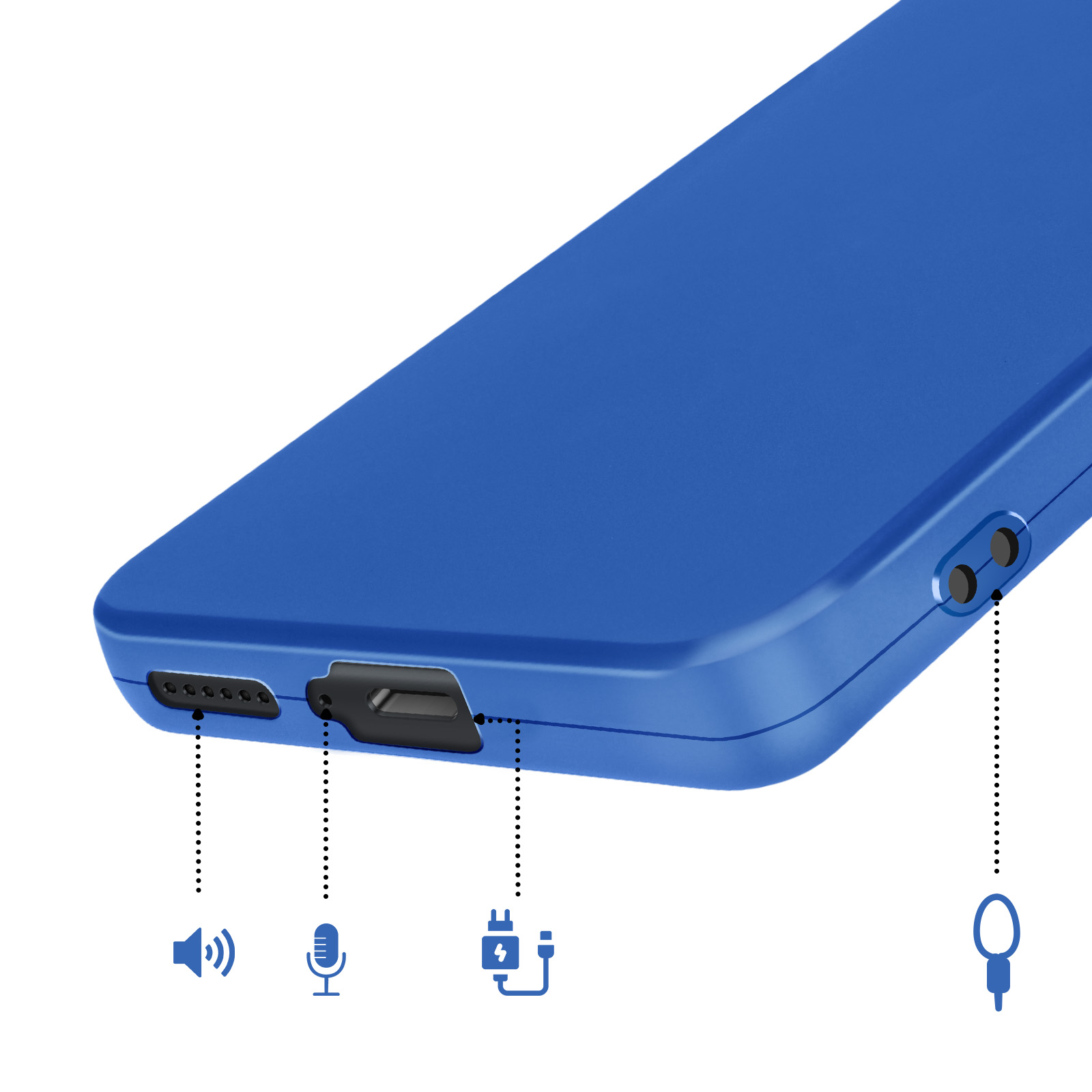 Blauw apparaat met poorten voor luidspreker, microfoon, oplader en hoofdtelefoon.