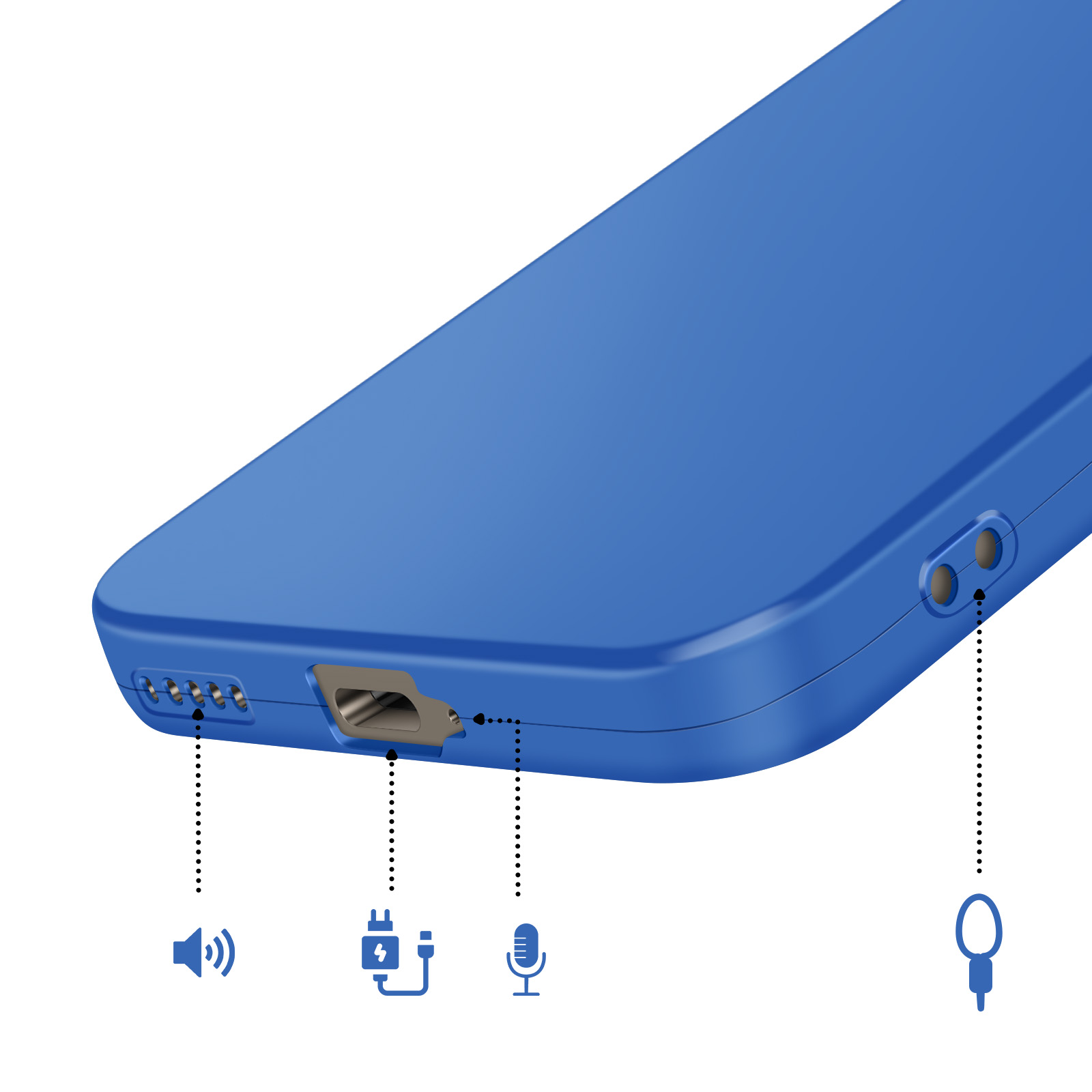 Blauw apparaat toont luidspreker, oplaadpoort, microfoon, koptelefoon icoontjes.