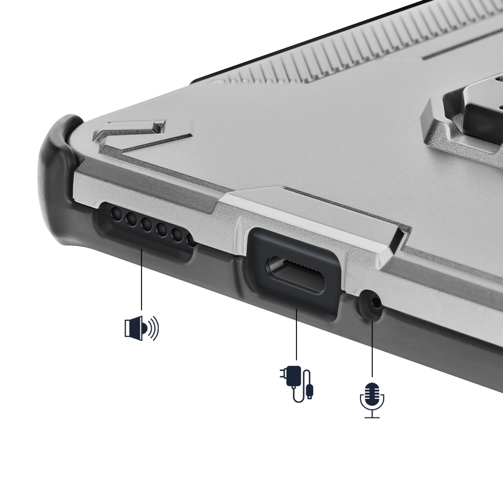 Gros plan d'un étui de smartphone montrant les ports haut-parleur, de charge et de microphone.