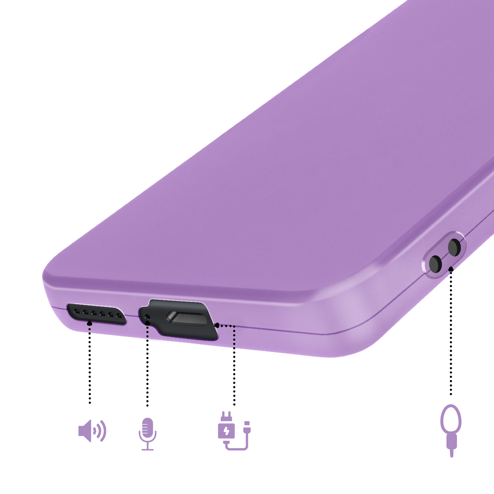 Paarse telefoonhoes met poorten voor luidspreker, microfoon, oplaadkabel en koptelefoon.