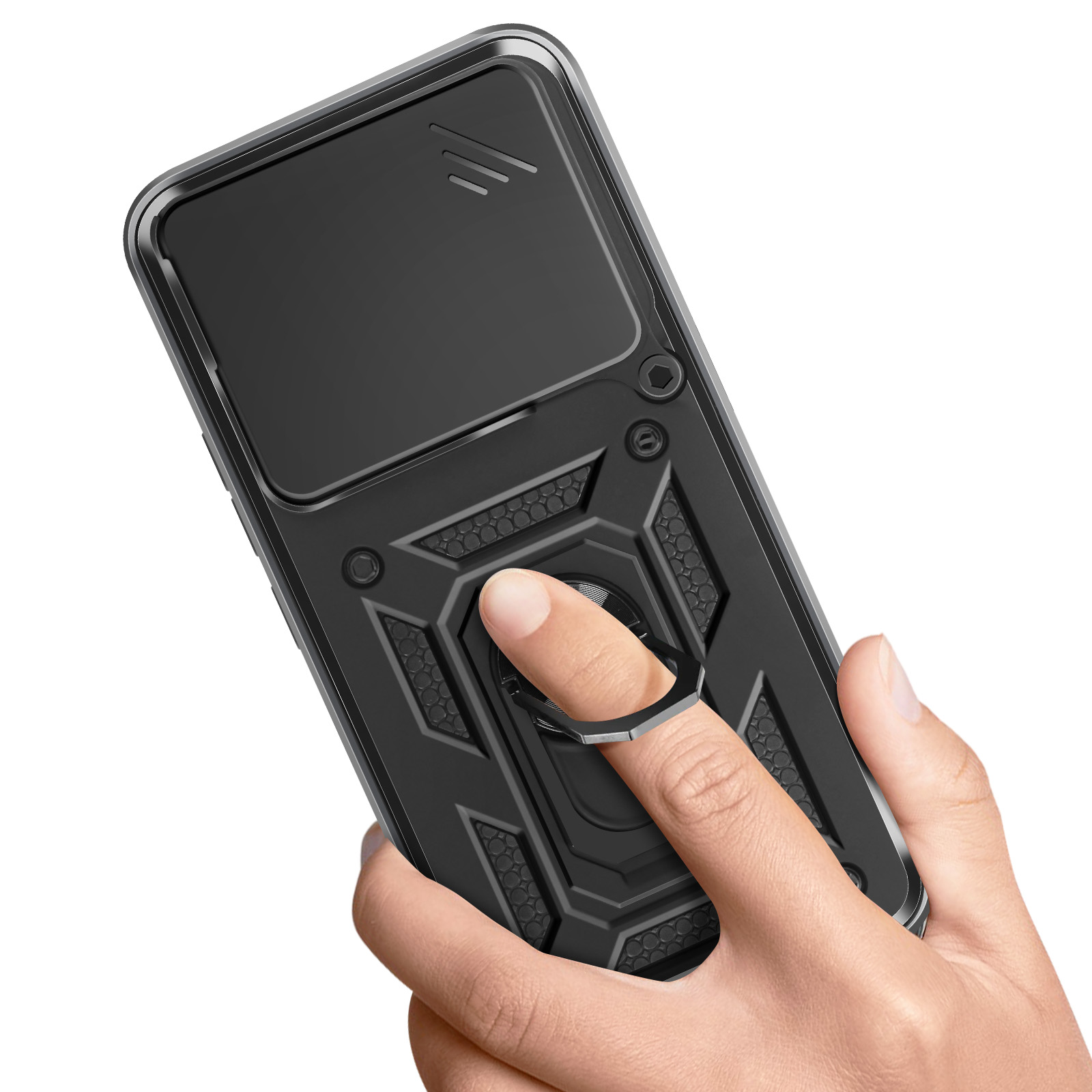 Une main tient une coque de téléphone noire avec un support anneau.