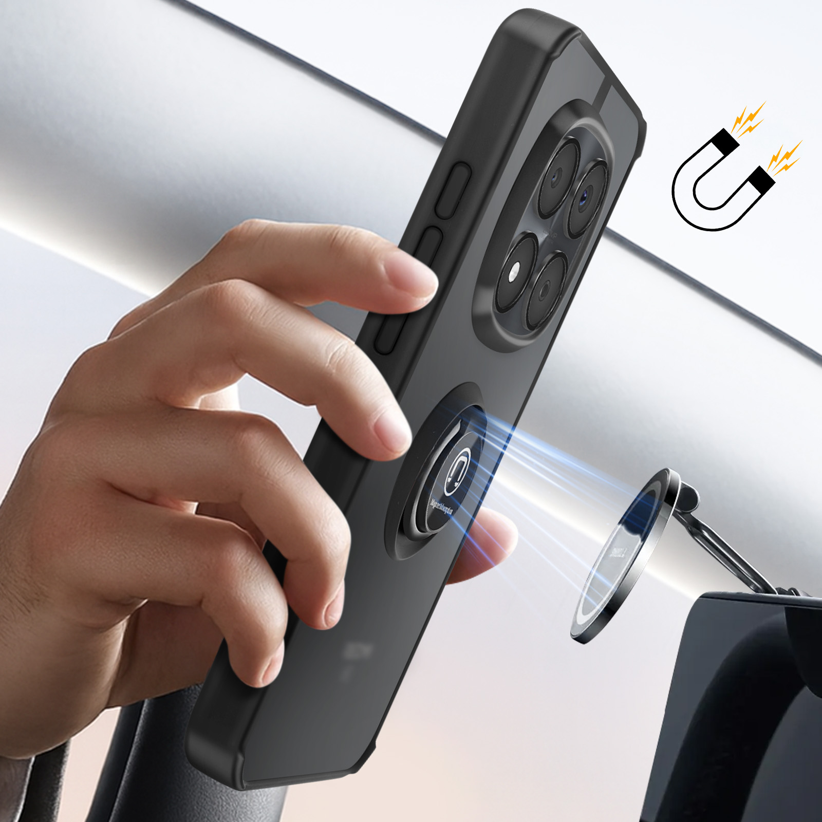Un telefono nero con anello magnetico si aggancia a un supporto per auto.