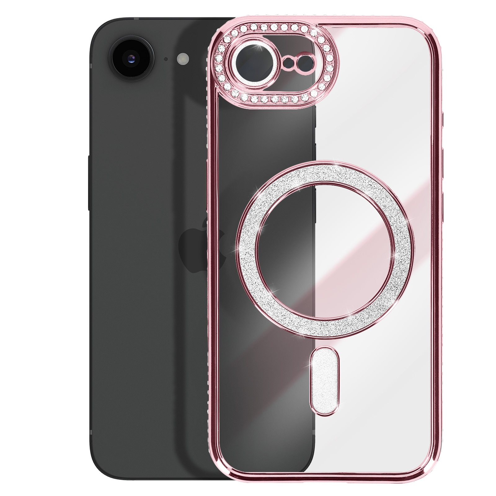 Een zwarte iPhone met een doorzichtige hoes met roségouden rand en glitterdetails.