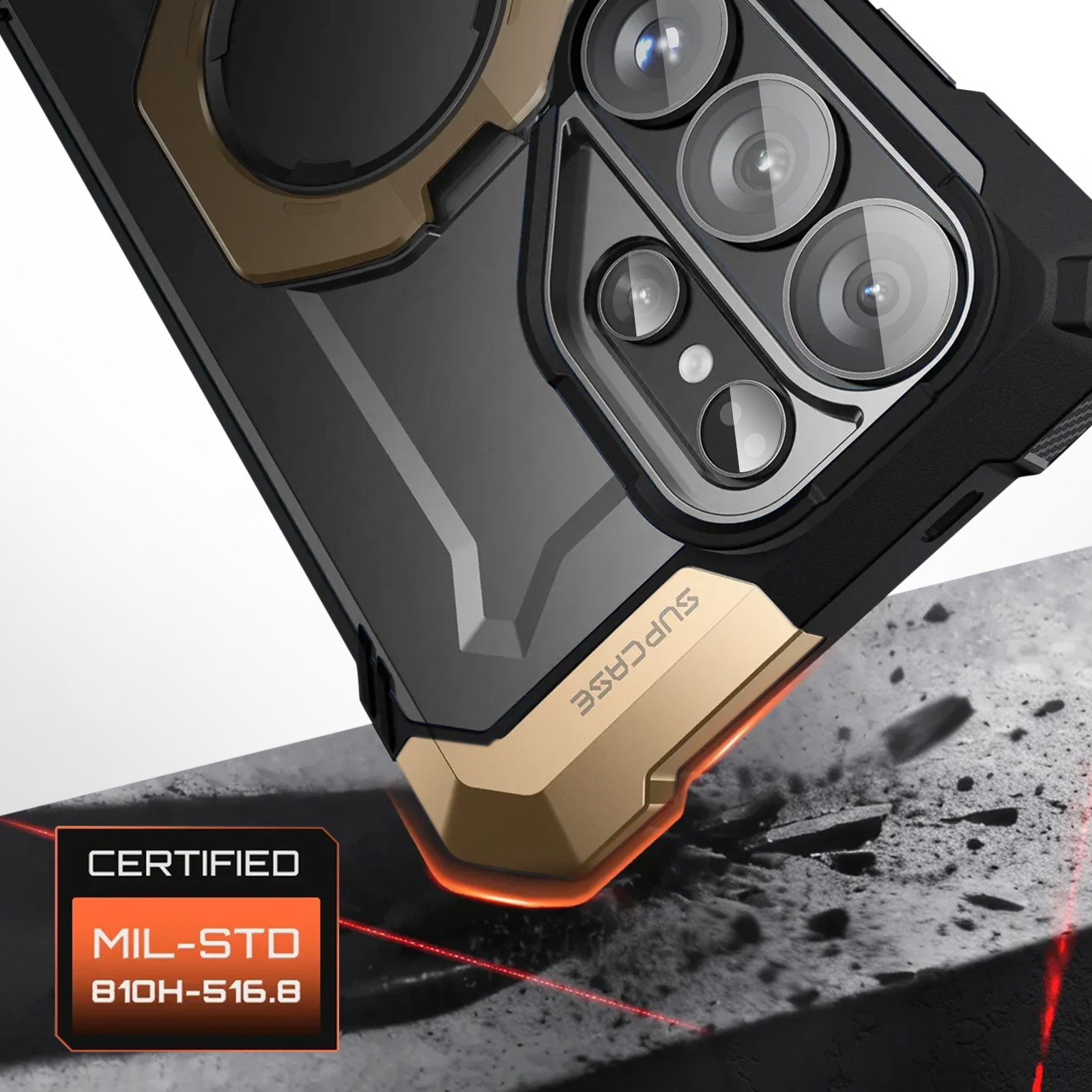 Funda de teléfono negra y dorada con lentes de cámara y certificación MIL-STD.
