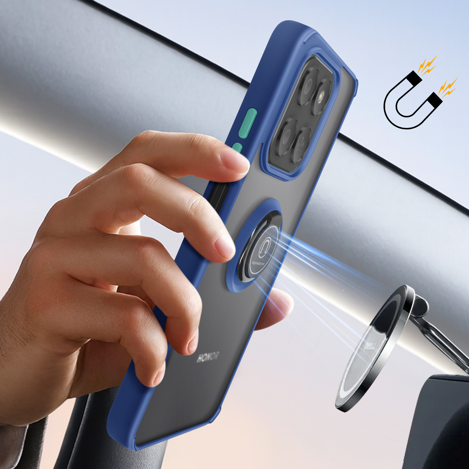 Een hand houdt een blauwe telefoon met magische ring vast die aan een autohouder vastklikt.