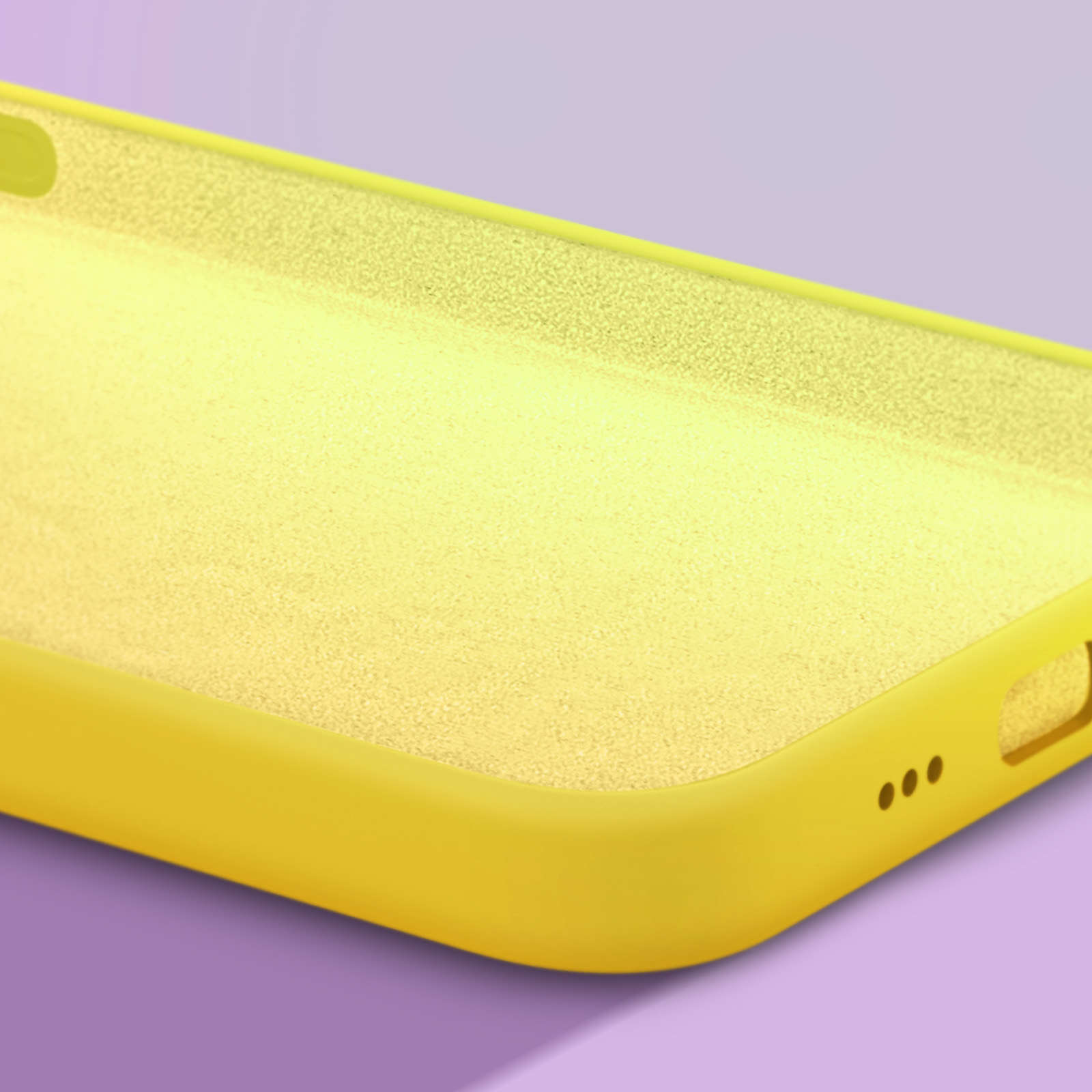 Intérieur jaune de coque de téléphone avec doublure texturée, sur fond violet.