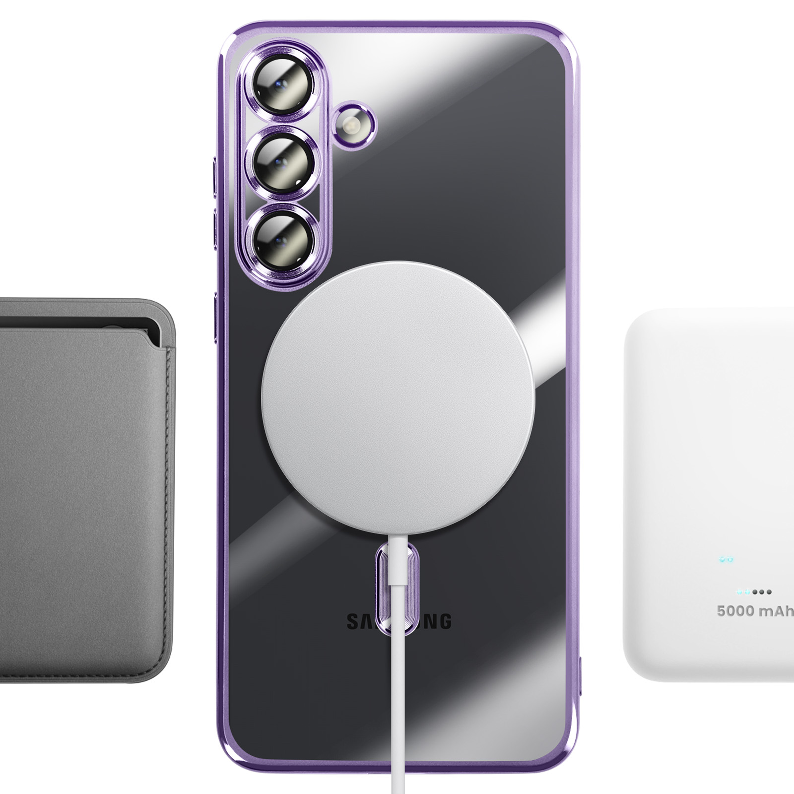 Paarse hoes met drie camera's, MagSafe lader en powerbank.