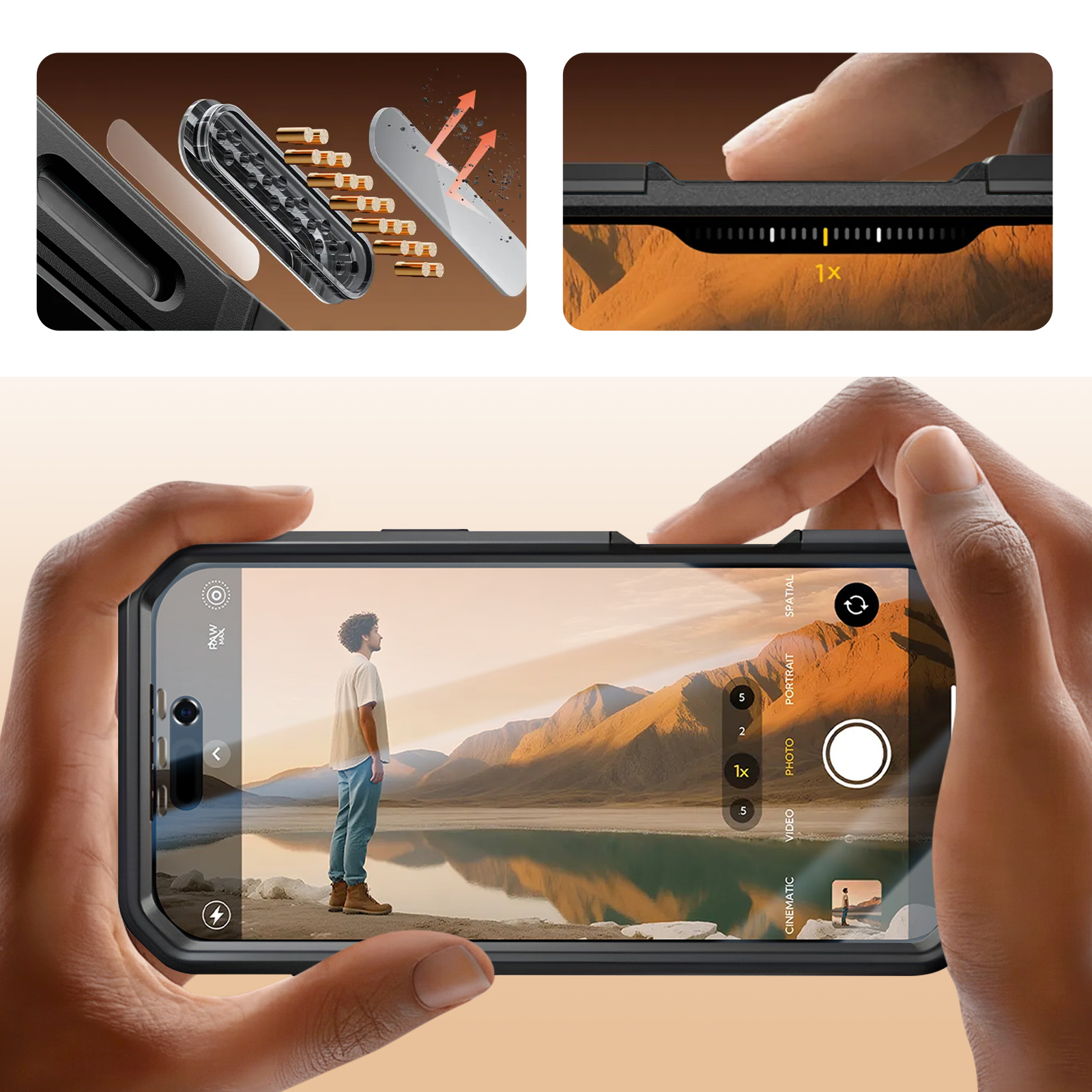 Cattura telefono: Uomo davanti lago di montagna, primi piani dettagli fotocamera.
