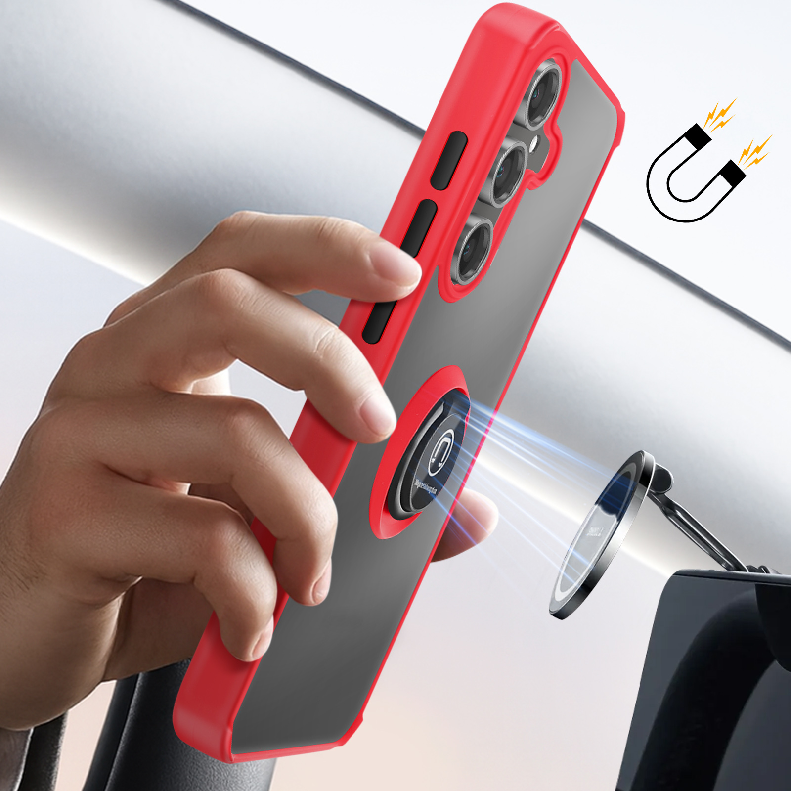 Cover rossa per telefono con anello si attacca magneticamente al supporto auto.
