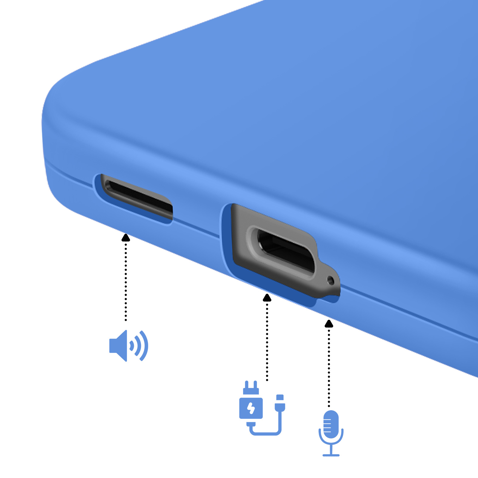 Een blauwe smartphone met aangegeven poorten voor luidspreker, oplader en microfoon.