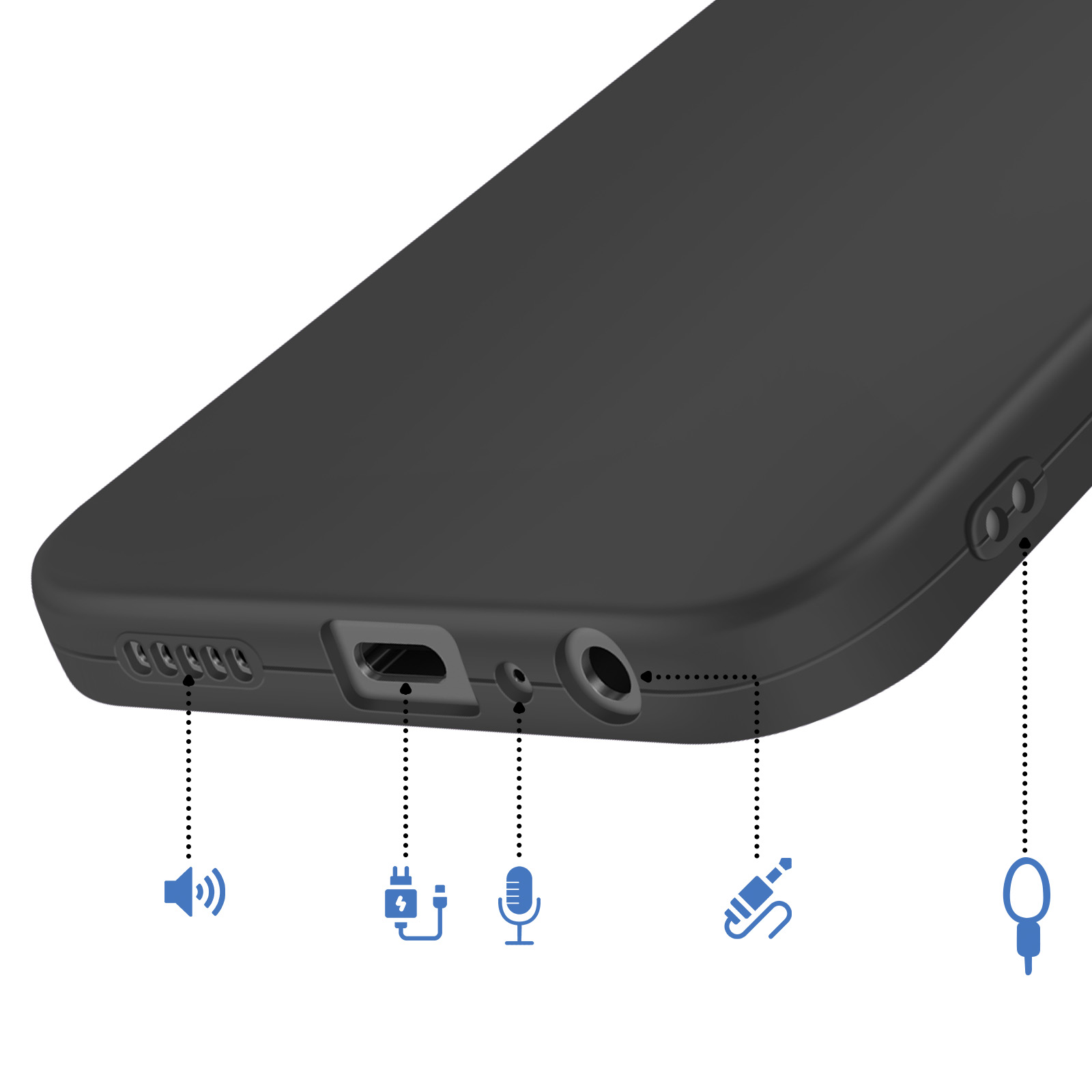 Zwarte smartphone met poorten: luidspreker, USB-C, microfoon, koptelefoon, simkaartlade.