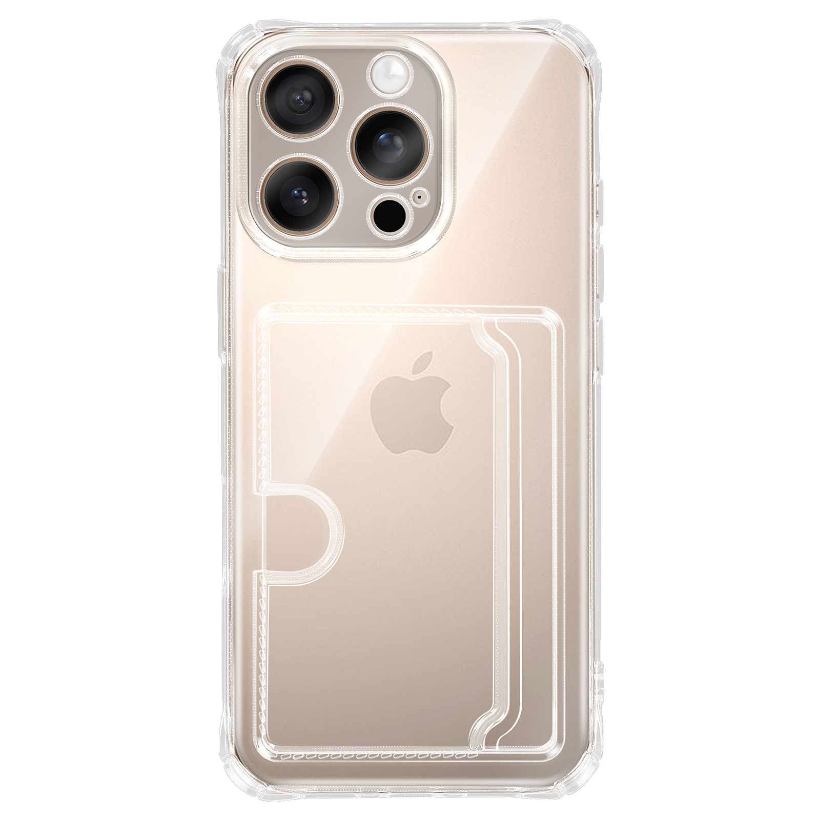 Transparente Handyhülle mit Kartenfach und Apple-Logo auf goldenem iPhone.