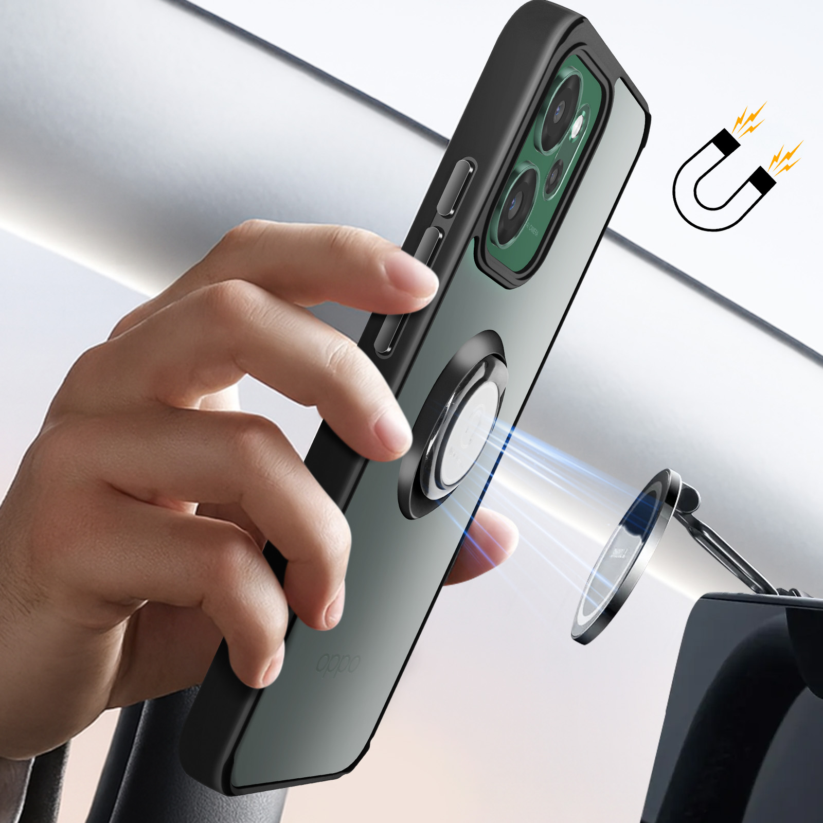 Hand houdt telefoon met ringhouder; magnetische auto-ophanging bevestigd.
