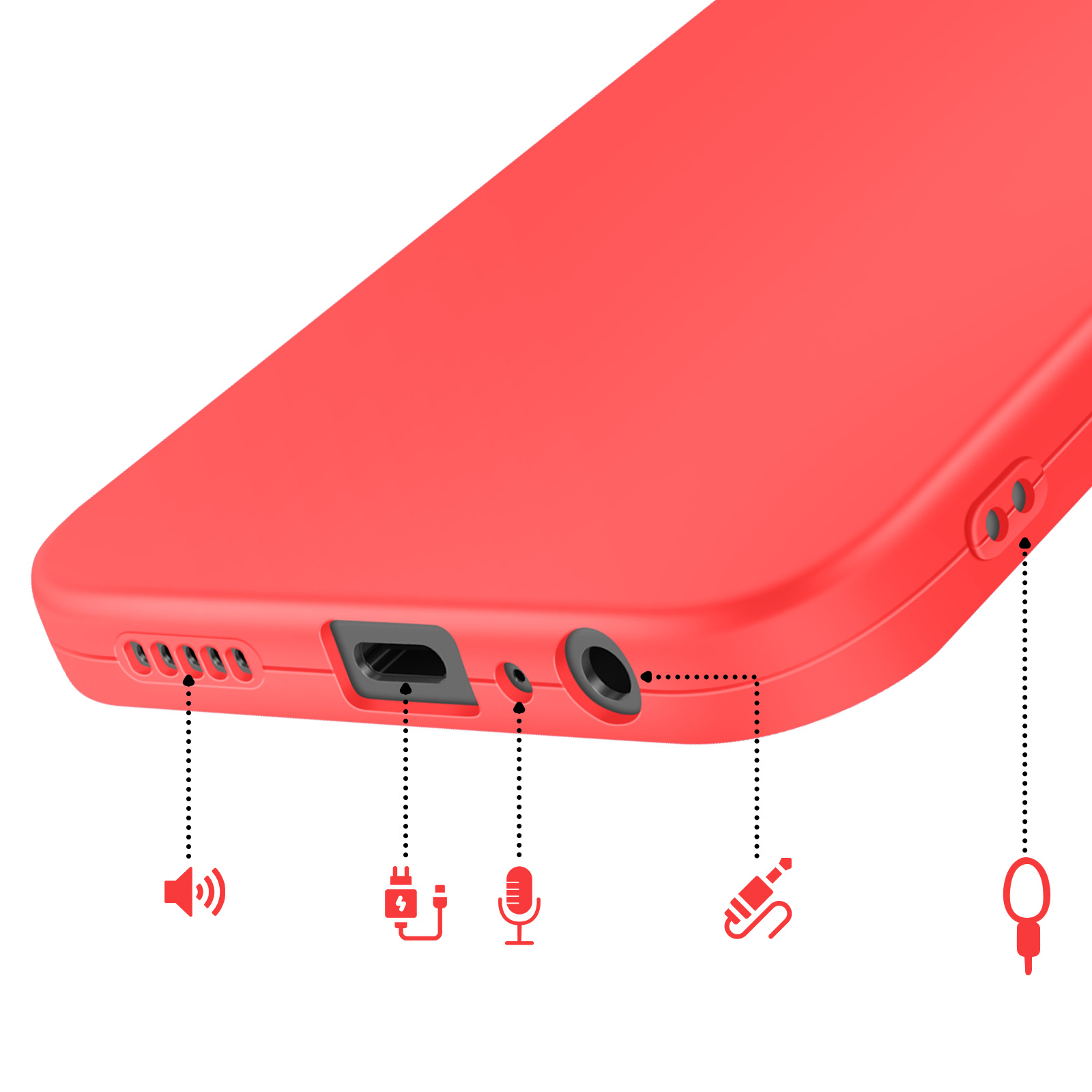 Rode smartphonehoes met poorten: luidspreker, USB, microfoon, koptelefoon, sleutelkoord.
