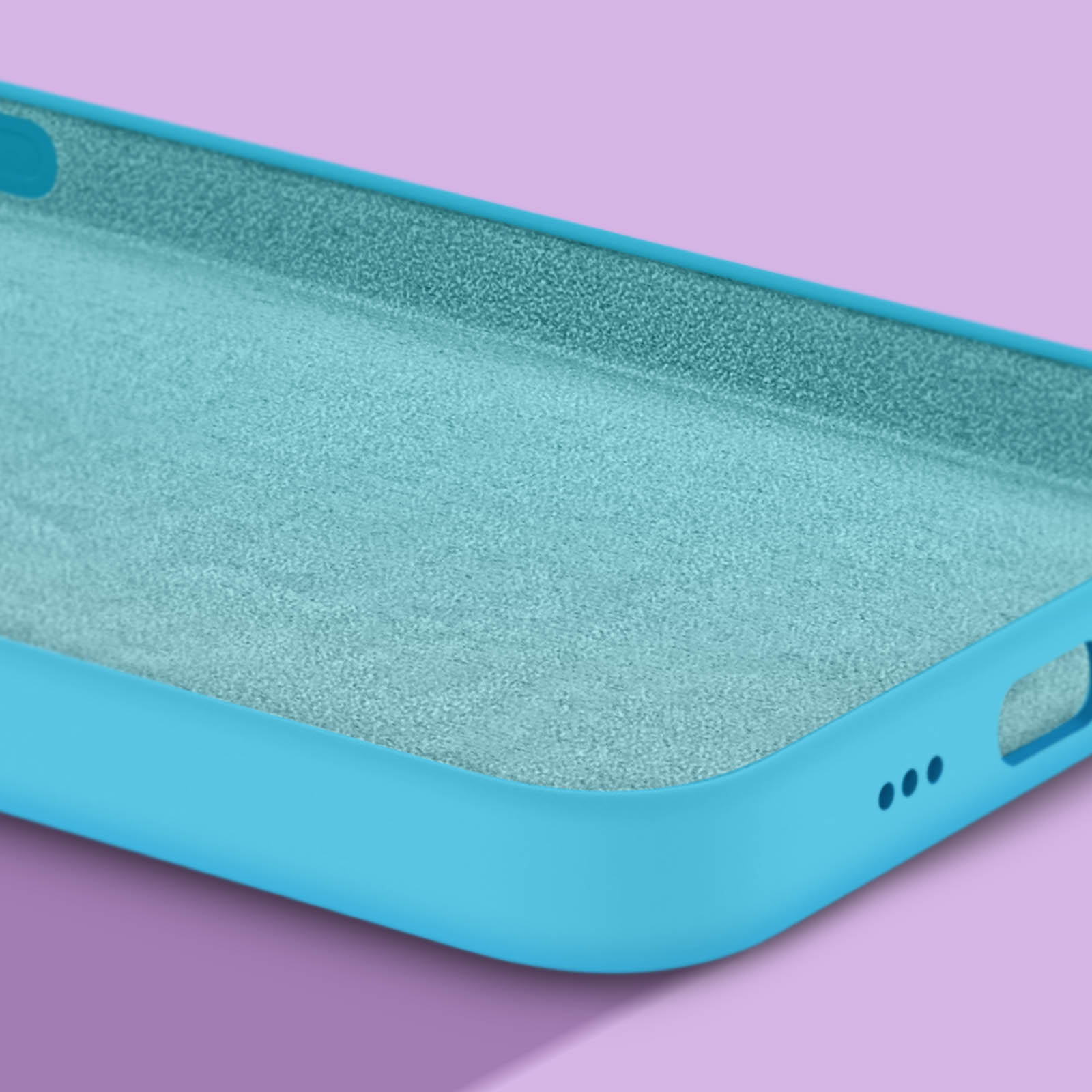 Turquoise telefoonhoesje met zachte voering op paarse achtergrond.
