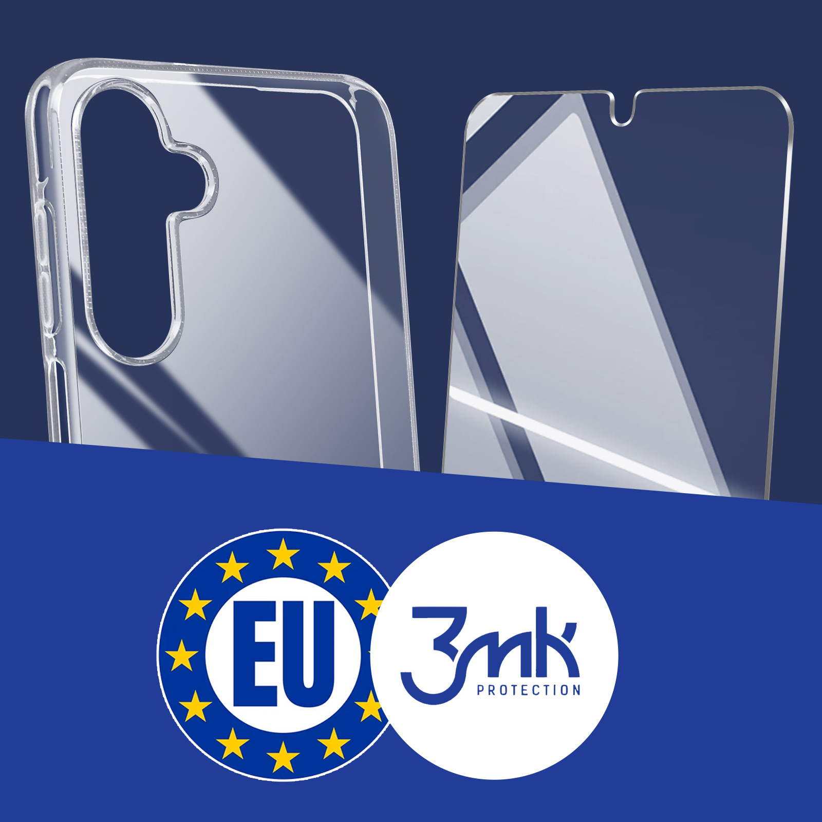 Custodia trasparente per telefono e protezione schermo con loghi UE e 3mk.