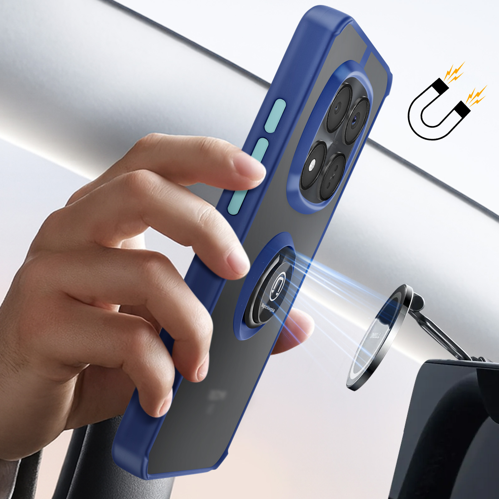 Une main tient un téléphone bleu avec support anneau, attirant vers un support de voiture magnétique.