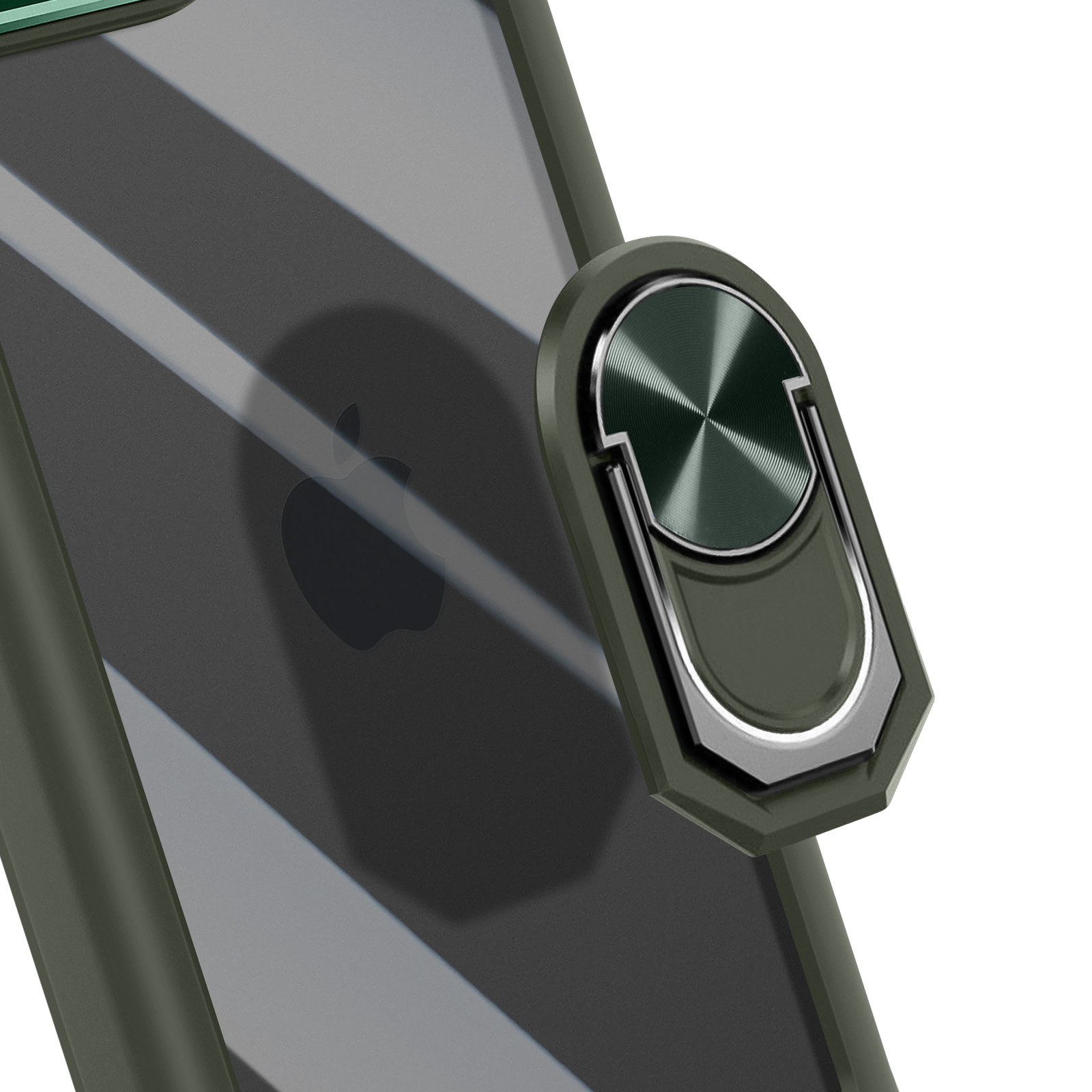 Custodia verde scuro per telefono con anello di supporto metallico integrato.