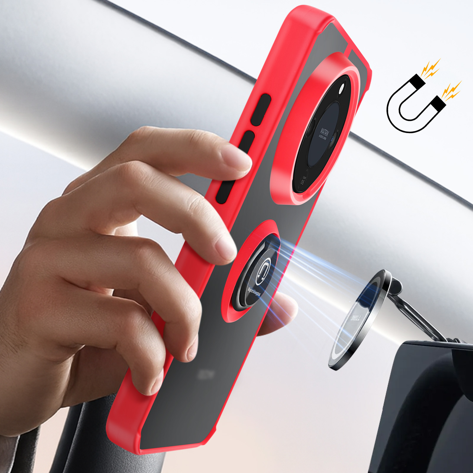 Rode telefoonhoes met magnetische bevestiging wordt op autohouder geplaatst.