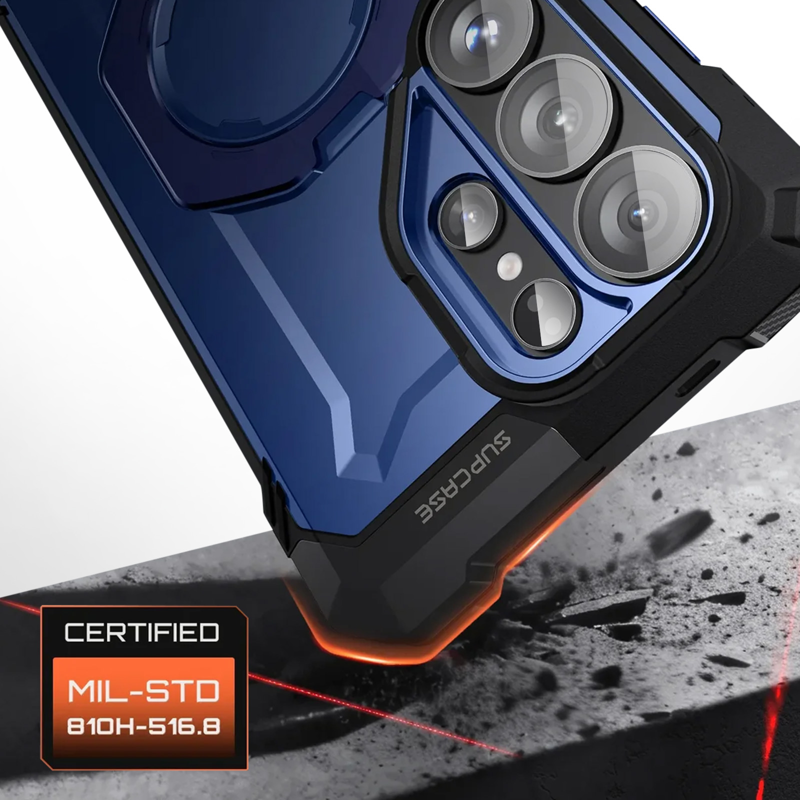 Custodia blu per telefono con protezione fotocamera, che cade su una superficie dura.