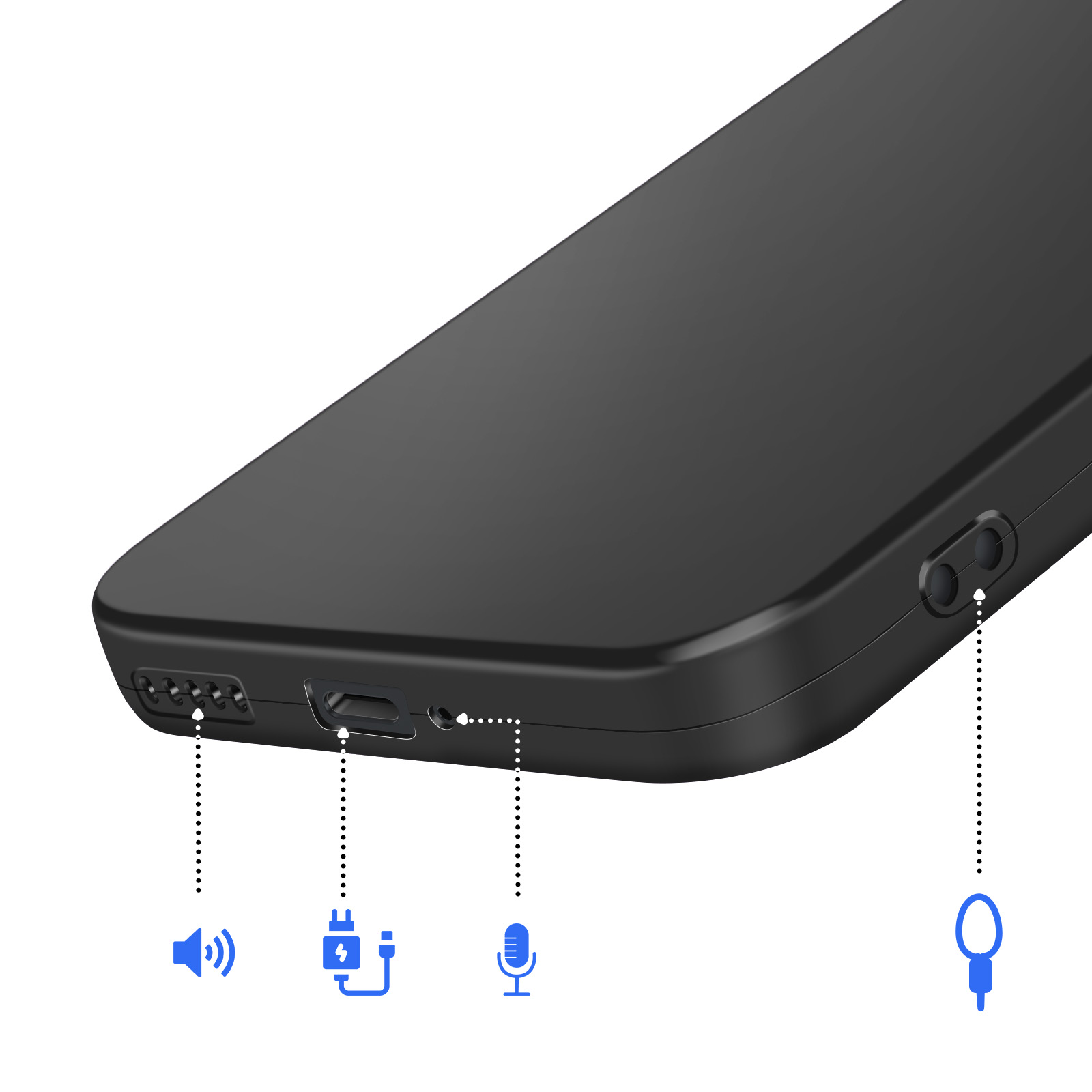 Appareil noir avec ports : haut-parleur, charge, microphone et boucle de lanière.