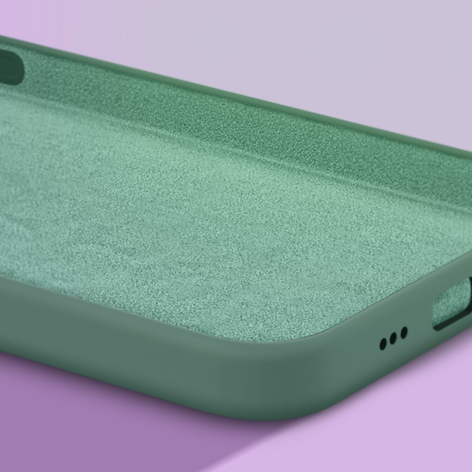Coque de téléphone verte avec intérieur velouté sur fond violet.