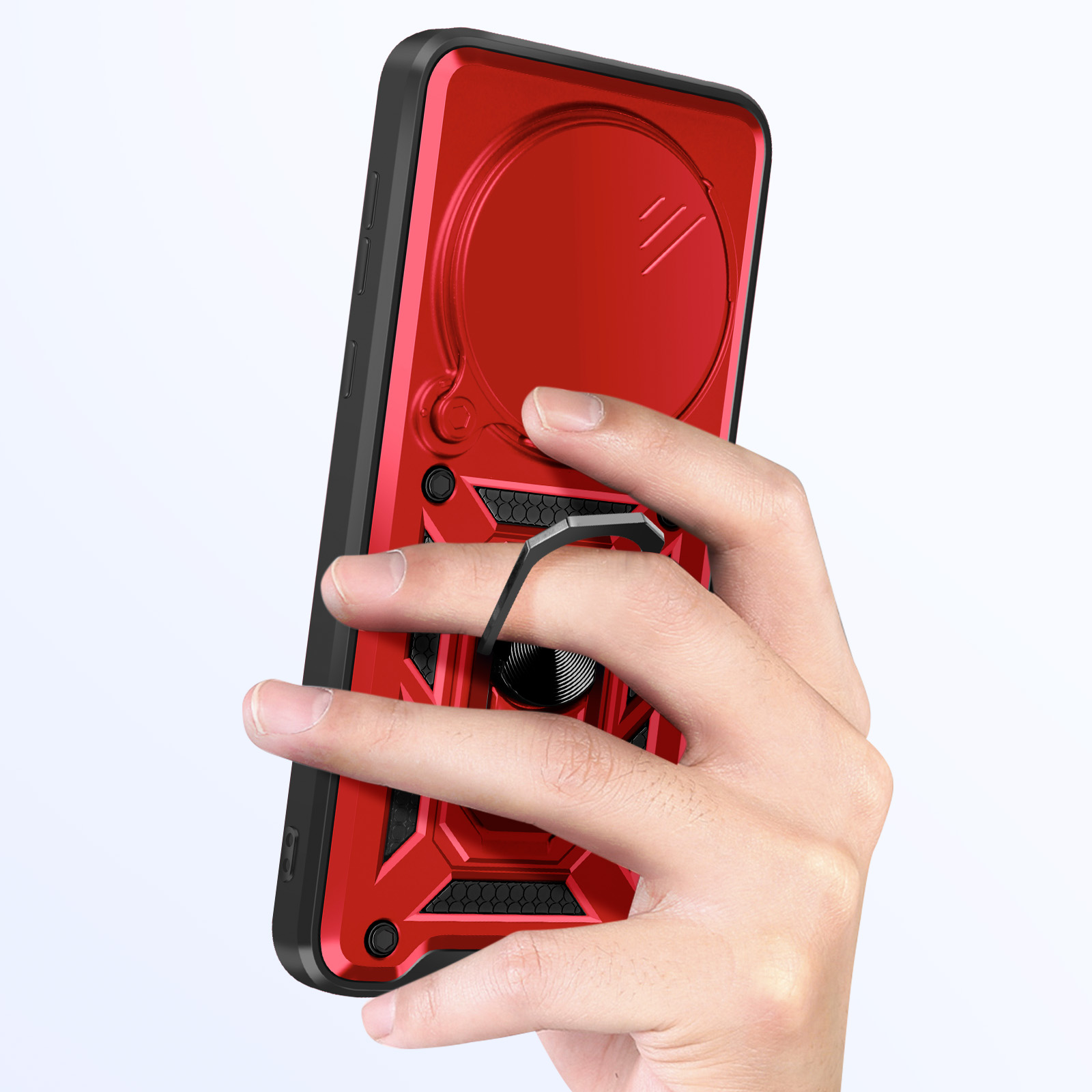 Rode telefoonhoes met ringhouder, vastgehouden door een hand.