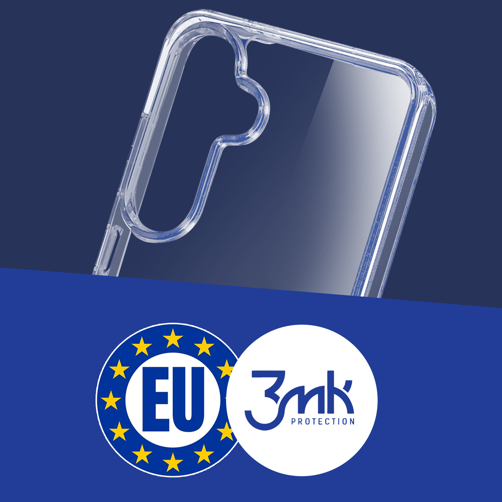 Doorzichtige telefoonhoes met EU- en 3mk-logo's op blauwe achtergrond.