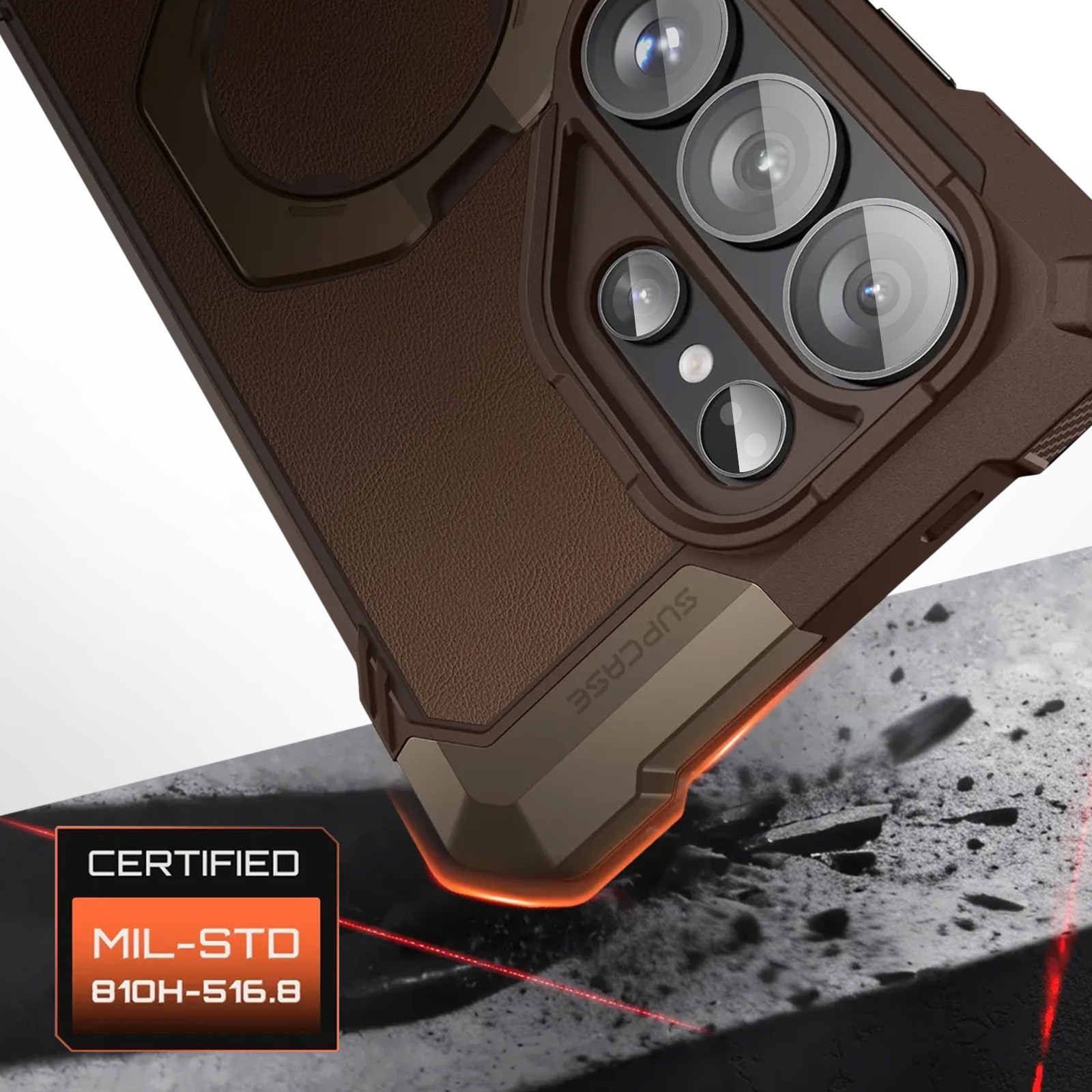 Custodia marrone per telefono con obiettivi della fotocamera e certificazione MIL-STD.