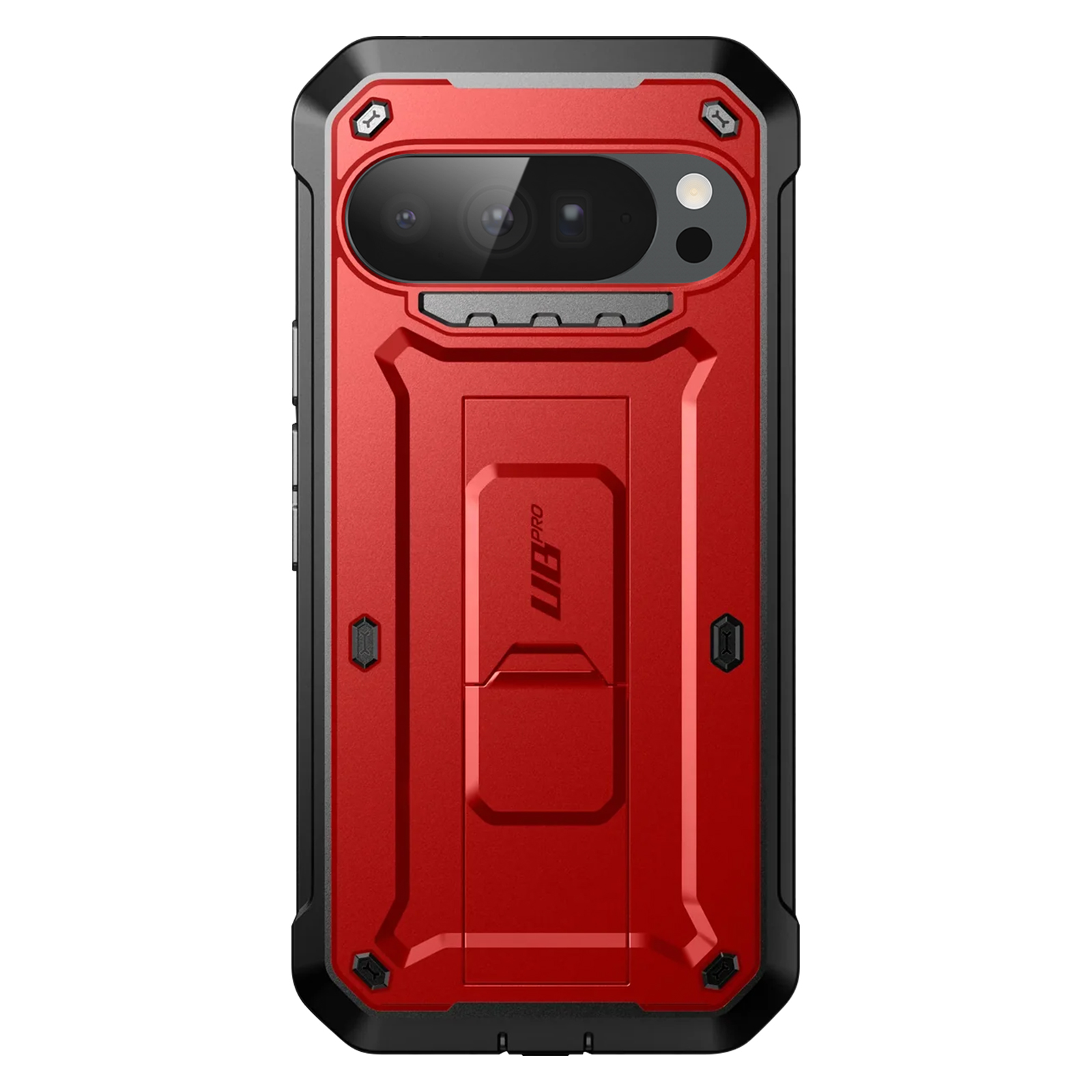 Custodia rossa per telefono con finiture nere e protezione fotocamera.