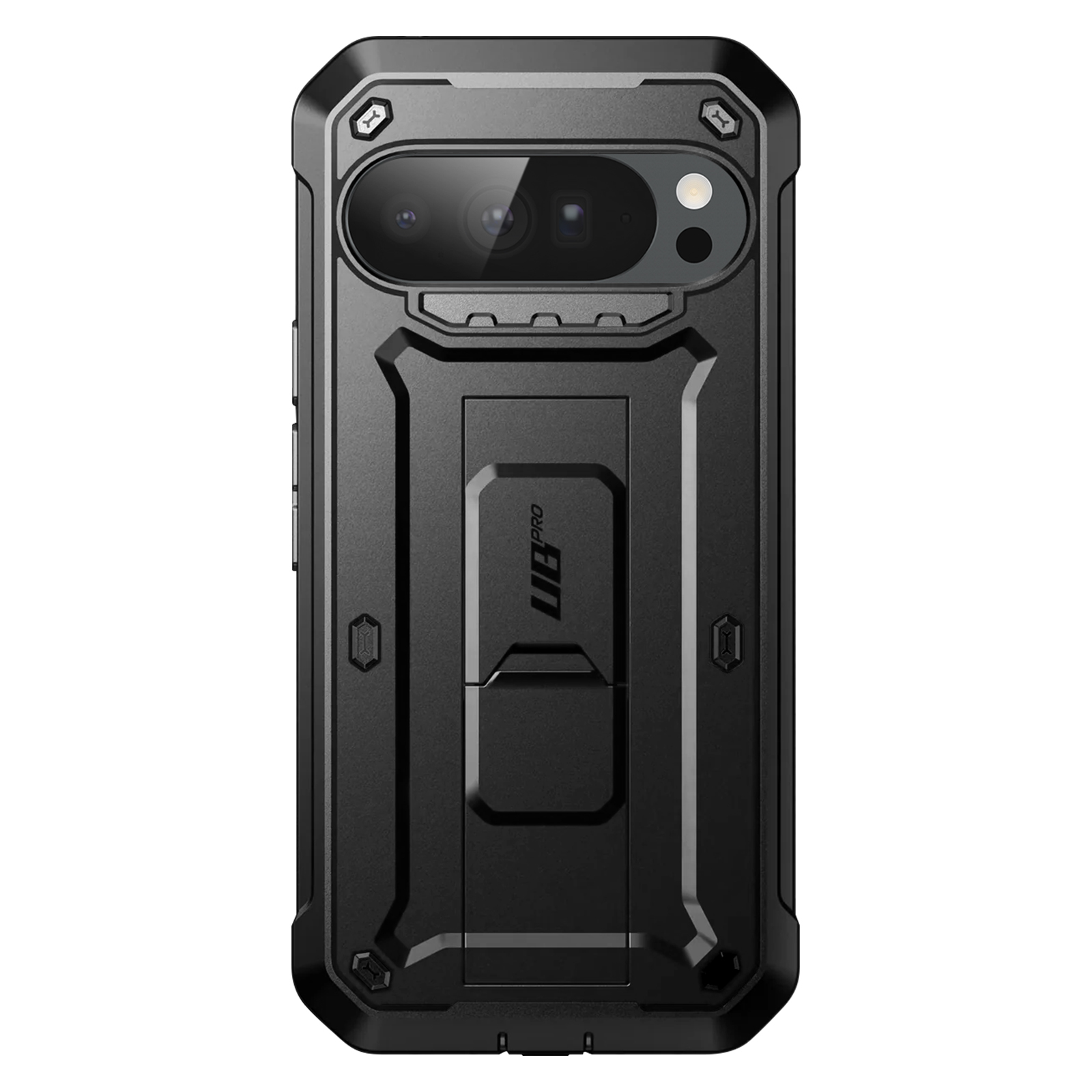 Custodia nera robusta per telefono con supporto integrato e ritaglio fotocamera.