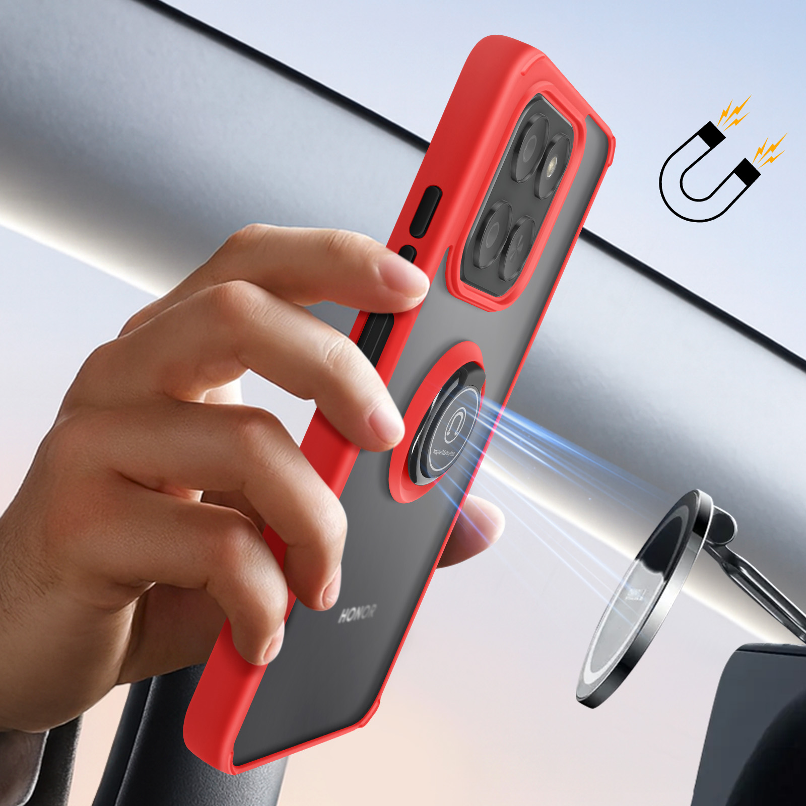 Rode telefoonhoes met magnetische ring bevestigd aan auto-houder.